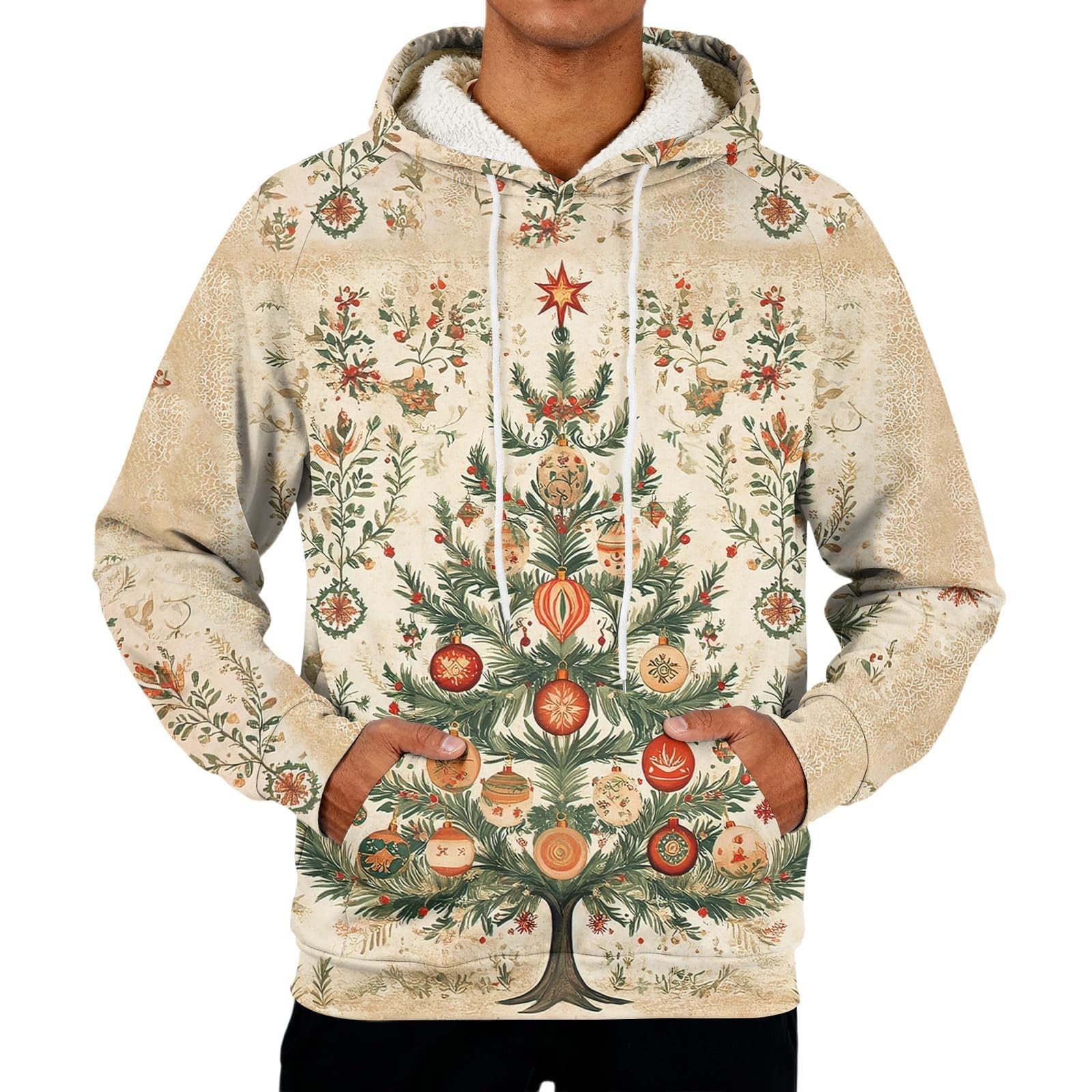 Jersey de Navidad con forro polar para hombre, divertido, brillante, para árbol de Navidad, trajes de Navidad de gran tamaño, manga larga, suéter cálido de sherpa, disfraces navideños