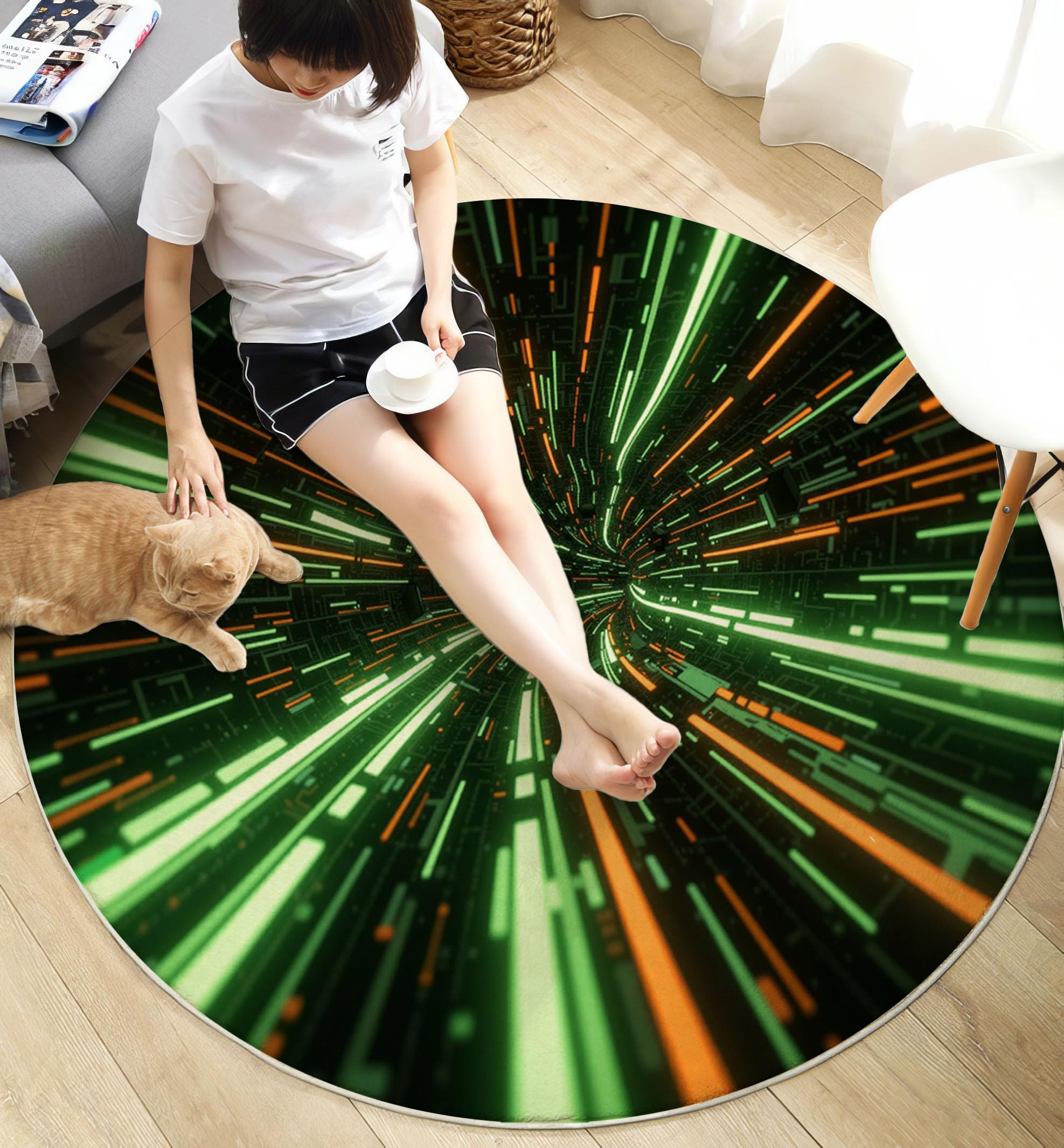 Tapis Rond Lignes Espace Tunnel 160cm, Style Futuriste Lavable en Machine Tapis Rond pour Salon, Antidérapant, Imprimé pour Salle à Manger, Chambre, Nurserie, Vert