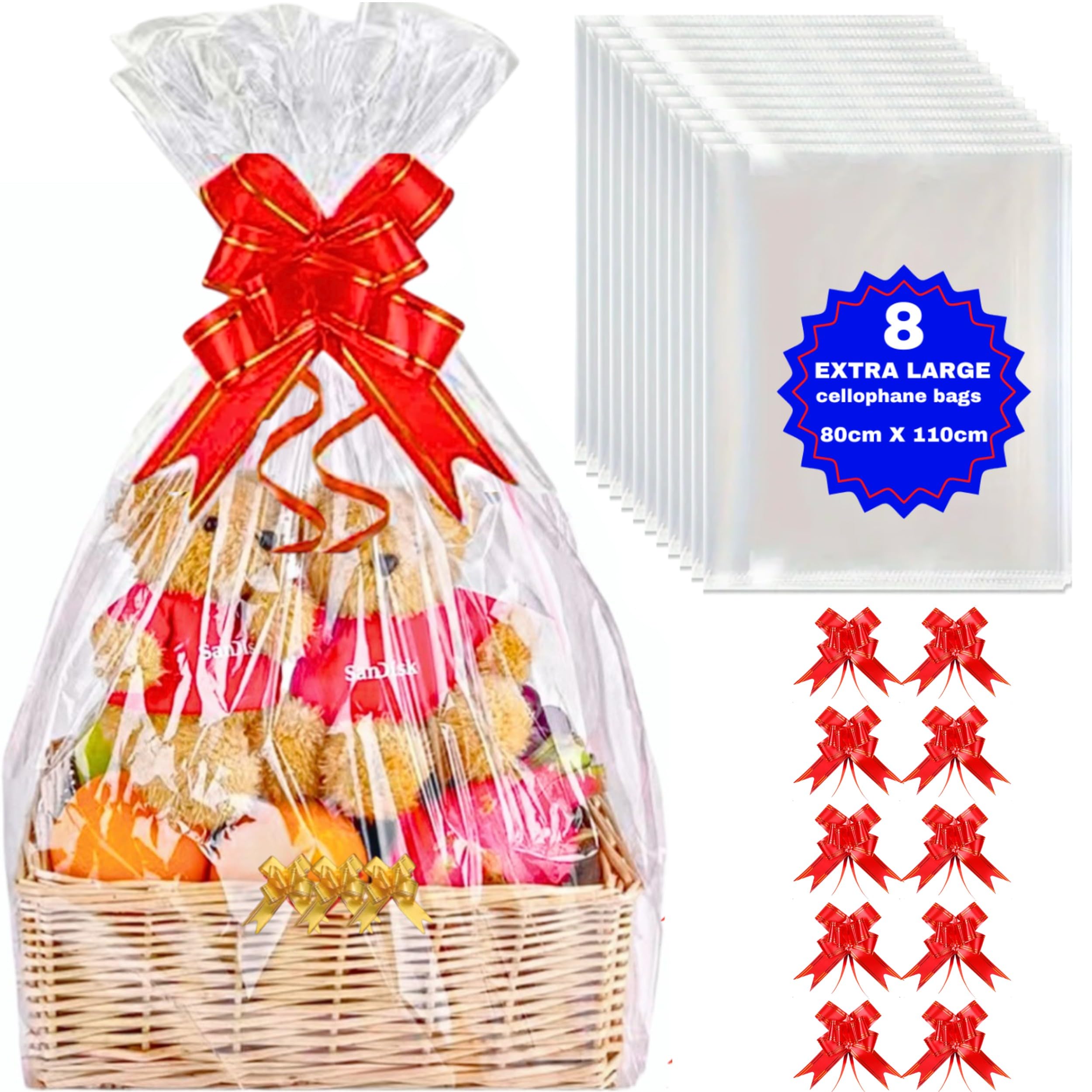 MAARA Extra Large Cellophane Wrap Bags For Hampers, Pack Of 8 (80CMX110CM) Hamper Basket Clear Plastic Gift Bags For Present Packaging, Hamper Wrapping Cellophane With 10 Pull Bows