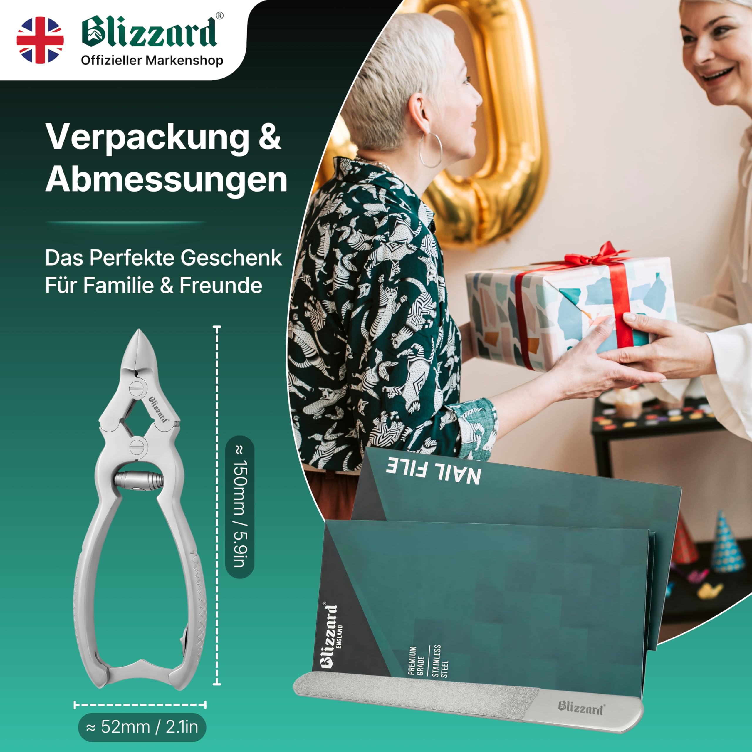 Blizzard Nagelzange für Fußnägel – Extra starke Fußnagelzange für dicke, harte & eingewachsene Zehennägel – Profi Pediküre Fußpflege Werkzeug aus Edelstahl inkl. Nagelfeile – 15 cm Pufferfeder