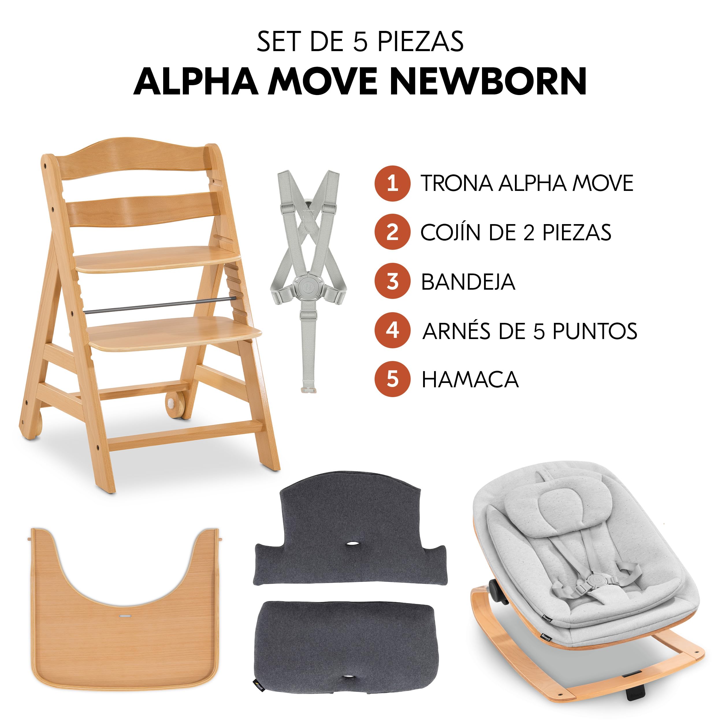 hauck Alpha Move Newborn Set Eco Bouncer Trona de Madera para Bebé desde el Nacimiento - Sillas Tronas para Niños con Hamaca Recién Nacidos Cojín y Bandeja - Natural