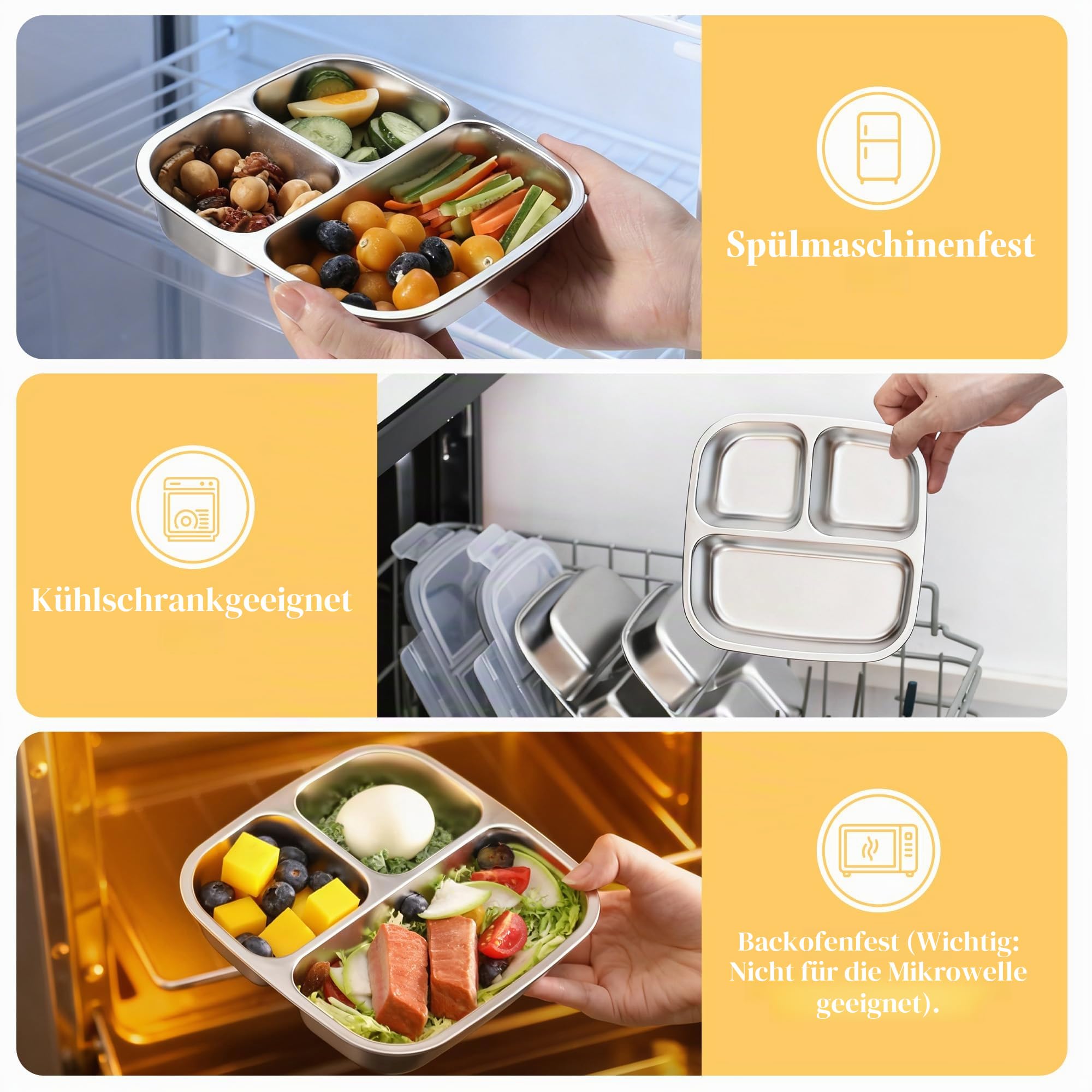 Misichao Edelstahl Snackbox mit 3 Fächern | Wiederverwendbare kleine Bento-Lunchbox für Kinder und Erwachsene, geteilter Essensbehälter für Schule, Arbeit, Reisen (4, Grau)