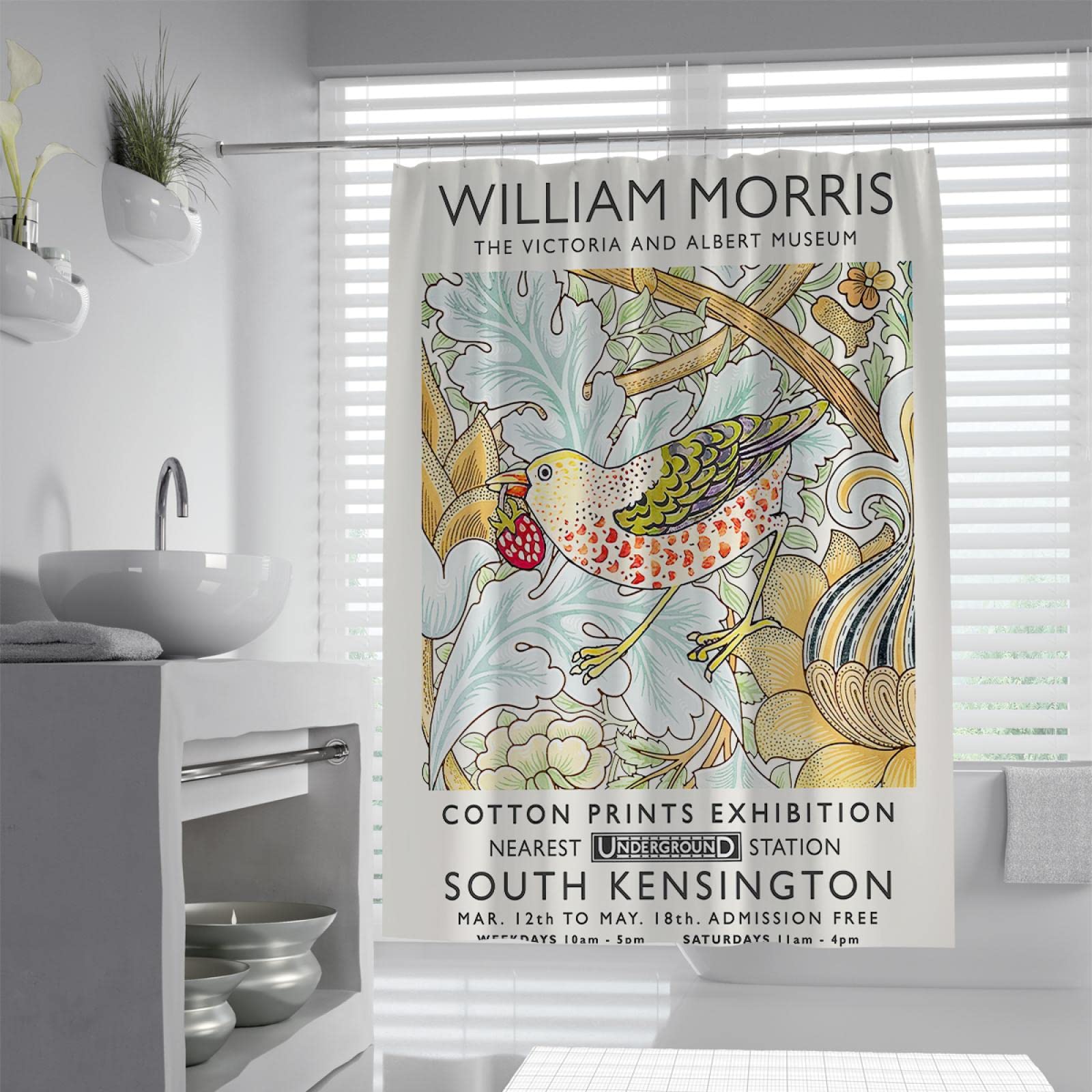 DINGSION William Morris Shower Curtain and Liner Set Leaf Flower Birds Shower Room Curtains Bathroom Accessories Durable with Hook W120x180cm