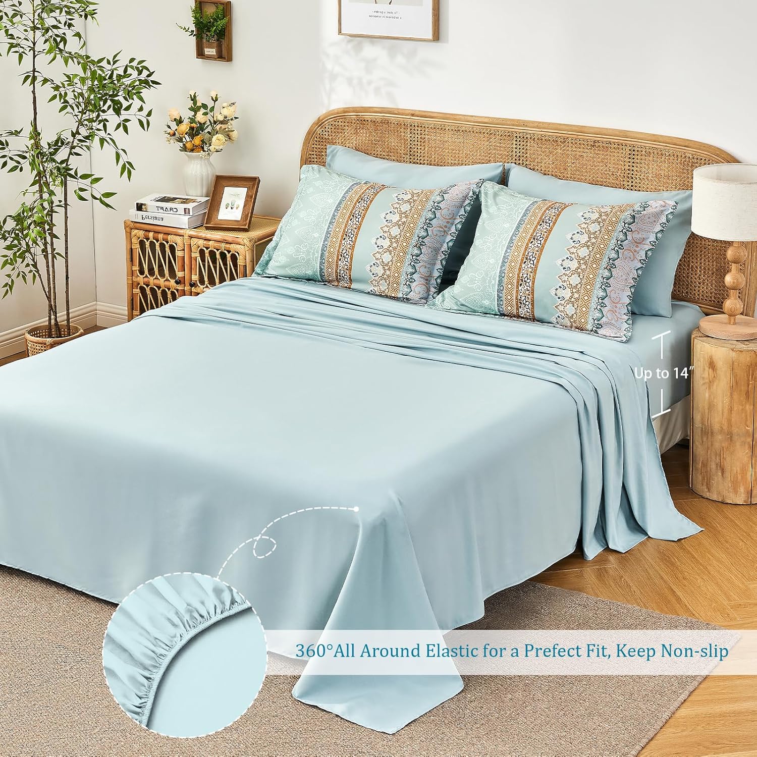 Boho Comforter Set Queen - 7 Pieces Bed in a Bag, Bohemian Striped Comforter Set with Sheets, Soft Microfiber Sage Green Floral Bedding Set for All Season - Image 3