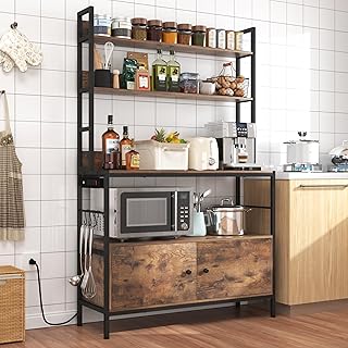 5-Tier Kitchen Baker’s Rack with Power Outlet,Large Bakers Rack with Storage Cabinet, Heavy Duty Oven Stand Microwave ,Free Standing Kitchen Utility Shelf with Storage,Shelf Organizer with Hooks