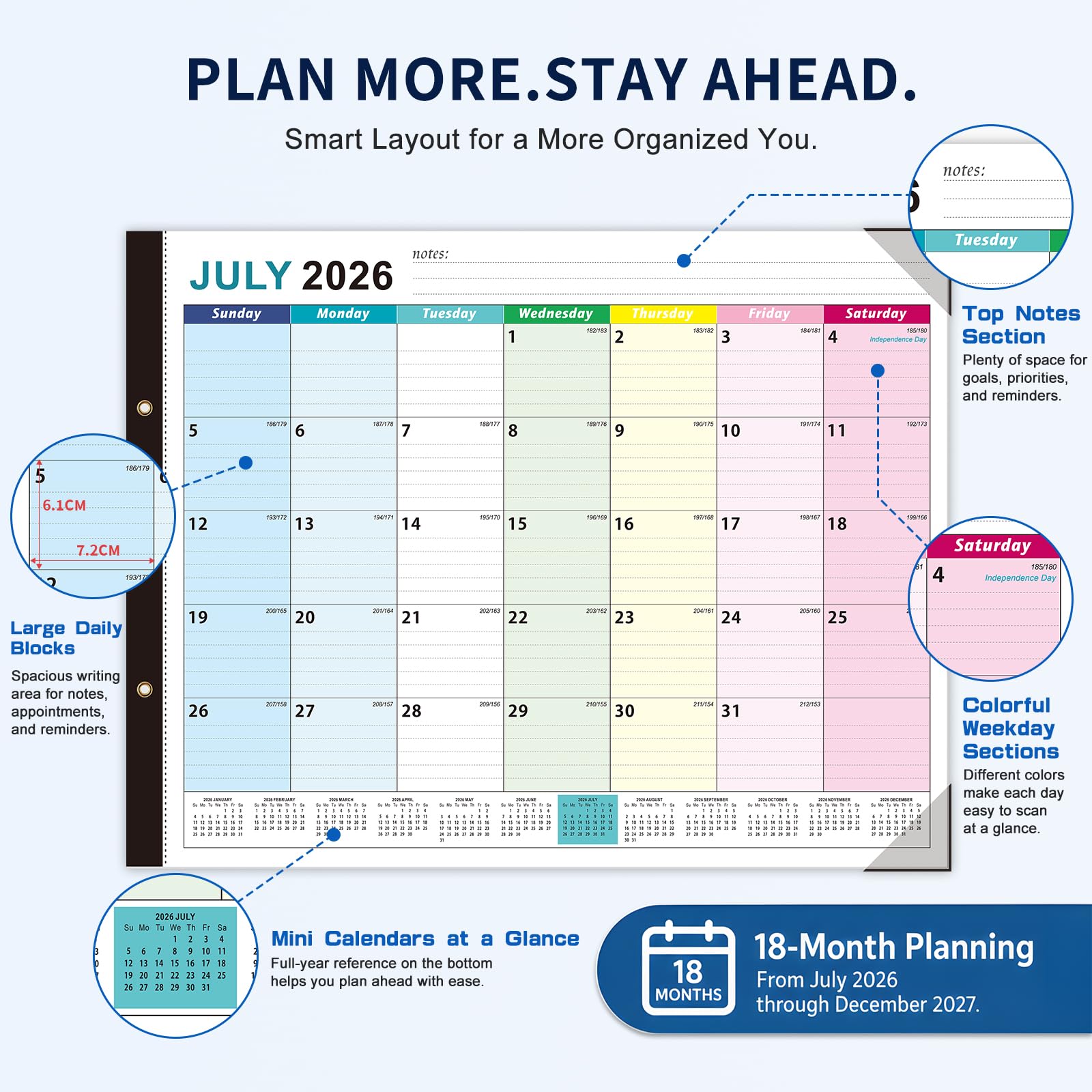 Großer Tischkalender 2026–2027 – Ougesi 18-Monats-Schreibtischkalender 22 x 17 Juli 2026 – Dezember 2027, akademischer Tischkalender groß mit Schutzecke, Aufkleber für Büro, Schule und Zuhause (bunt)