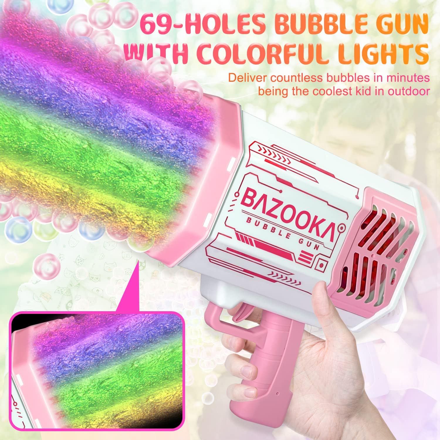 Bubble Machine, 69 Holes Bubble Maker with Colourful Flash Lights, Bubble Maker for Kids Toddlers Adults, Bubble Blower Toys for Wedding Party Summer Birthday Gifts (Pink)