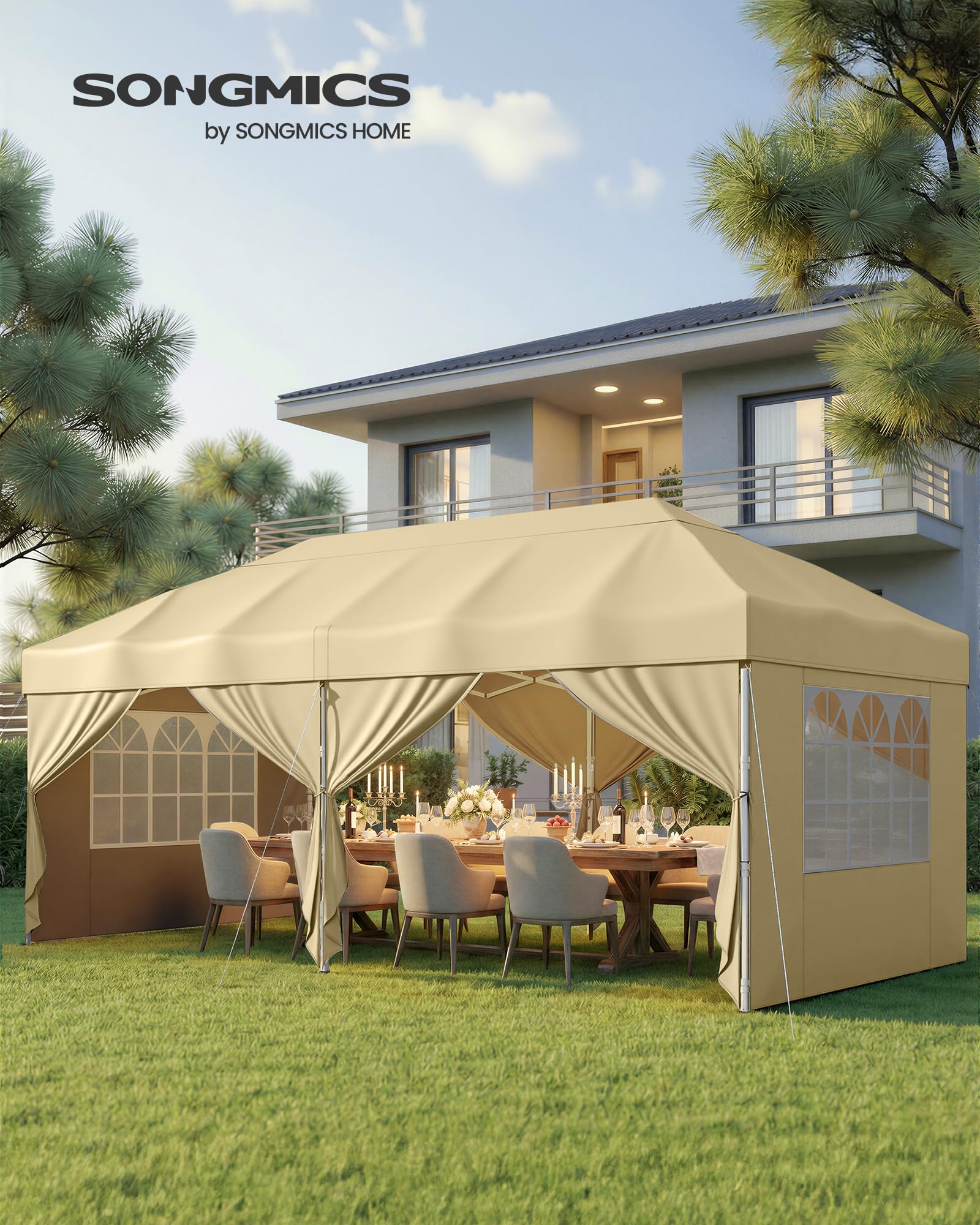 SONGMICS Pavillon, 3 x 6 m mit Seitenwänden, Faltpavillon, Gartenpavillon, Partyzelt, Sonnenschutz, Leichter Regenschutz, tragbar, für Hof, Garten, Markt, Party, beige GCT204LZ01