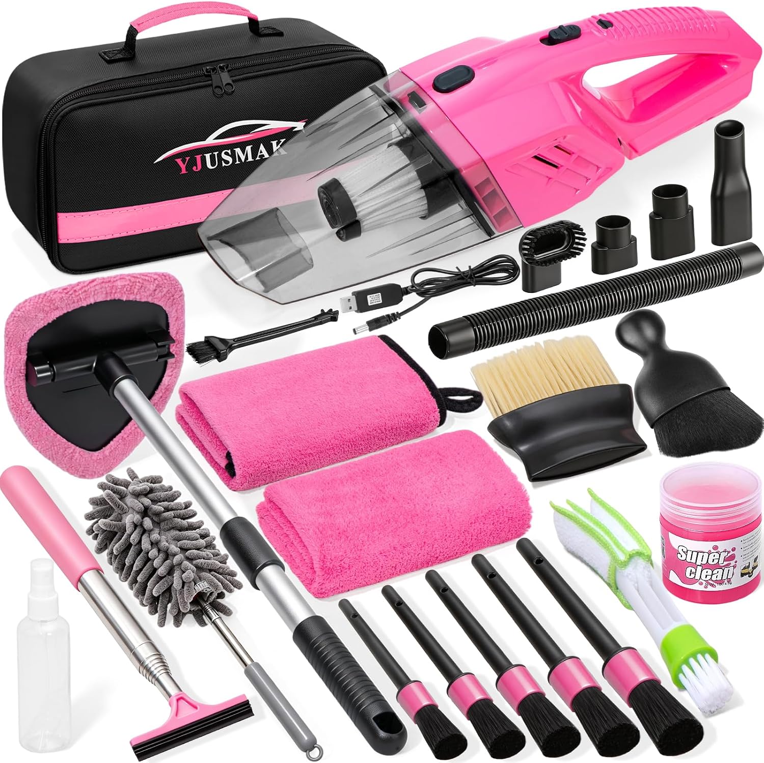 Car Detailing Kit Interior Cleaning - with 8500PA Car Vacuum Portable Cordless, Car Detailing Brush Set, Windshield Tool, Car Wash Kit for Women/Men, Pink