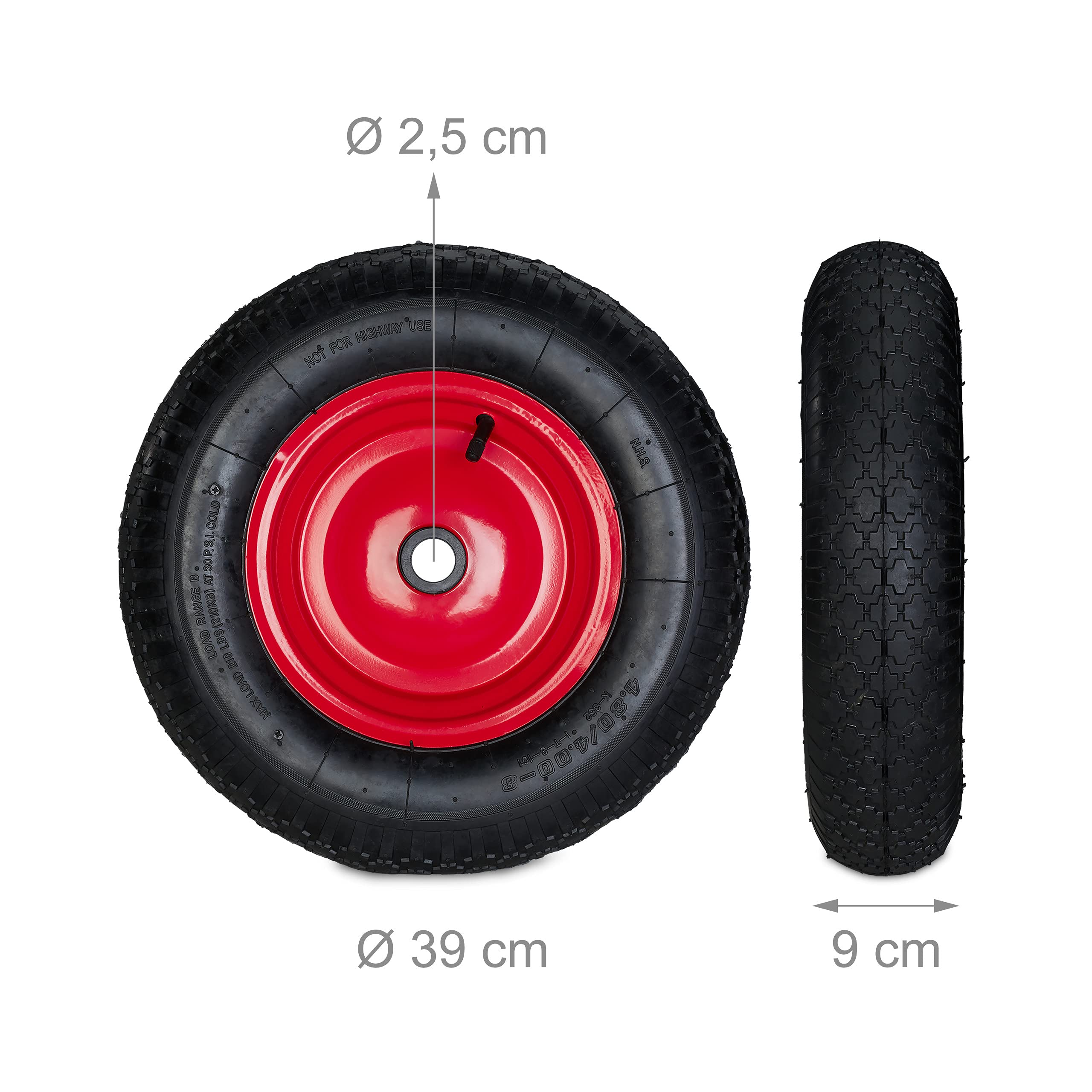 Relaxdays 2 Ruedas Carretilla 4.80 4.00-8, Llanta de Acero, 3 Adaptadores, Rueda de Recambio, hasta 120 kg, Negro/Rojo