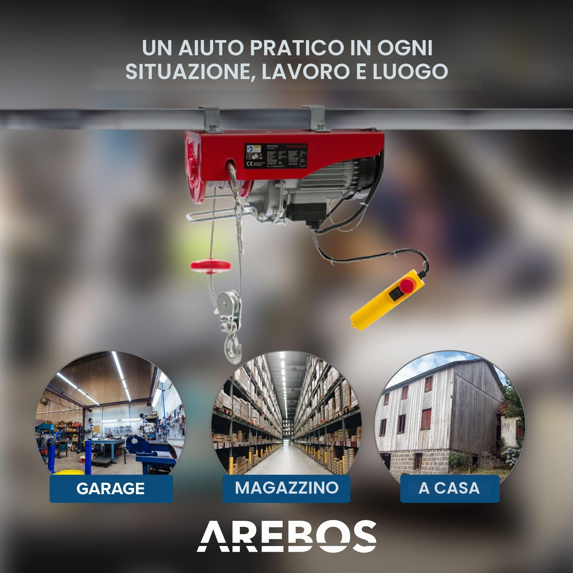 Arebos Paranco Elettrico | 400/800 kg | 1300W | Verricello Elettrico | Montacarichi da Balcone con Telecomando | altezza di sollevamento 12m | Verricellomontacarichi di Sollevamento