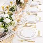I00000 350 Pcs Gold Dinnerware Set, Plastic Plates Disposable for 50 Guests Include:50Gold Rim Dinner Plates, 50Gold Dessert Plates, 50Paper Napkins, 50Cups, 50Gold Silverware Set Perfect for Party