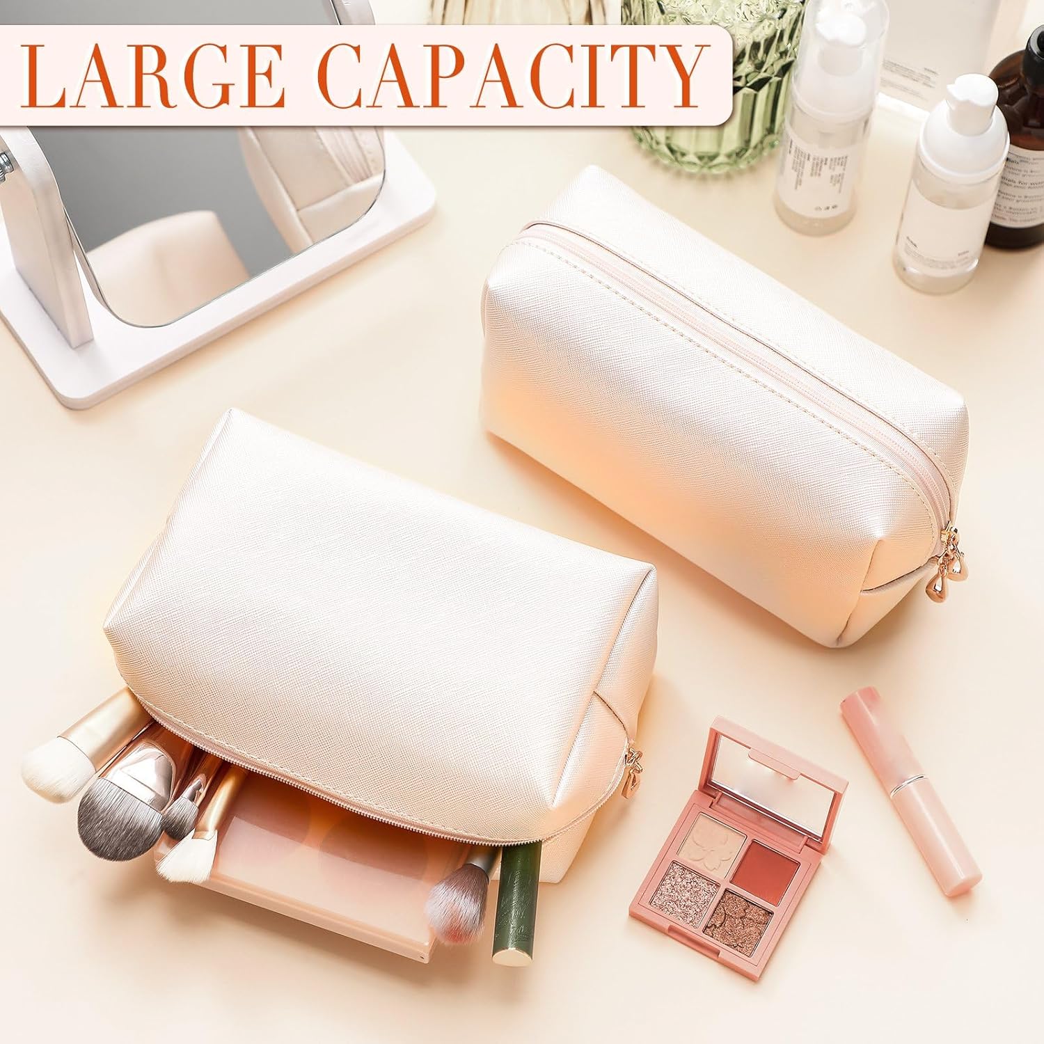 Sanwuta 9 Pcs Makeup Bags Bulk PU Double Zippers Cosmetic Bag Makeup Toiletry Small Pouch Portable Travel Organizers Case for Women Bridesmaid Proposal Gifts(Ivory White)