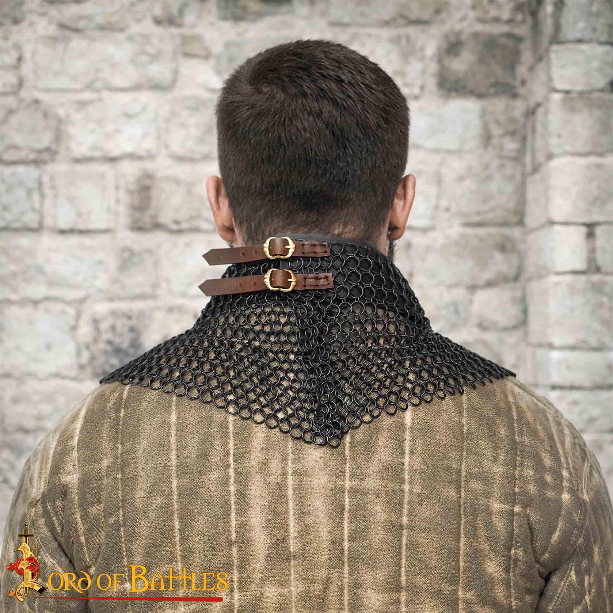Lord of Battles Kettennetz-Halsband, mittelalterlicher Halsschutz, 10 mm, 16 G, konifizierte Ringe, Baustahl, Maille, Halsschutz
