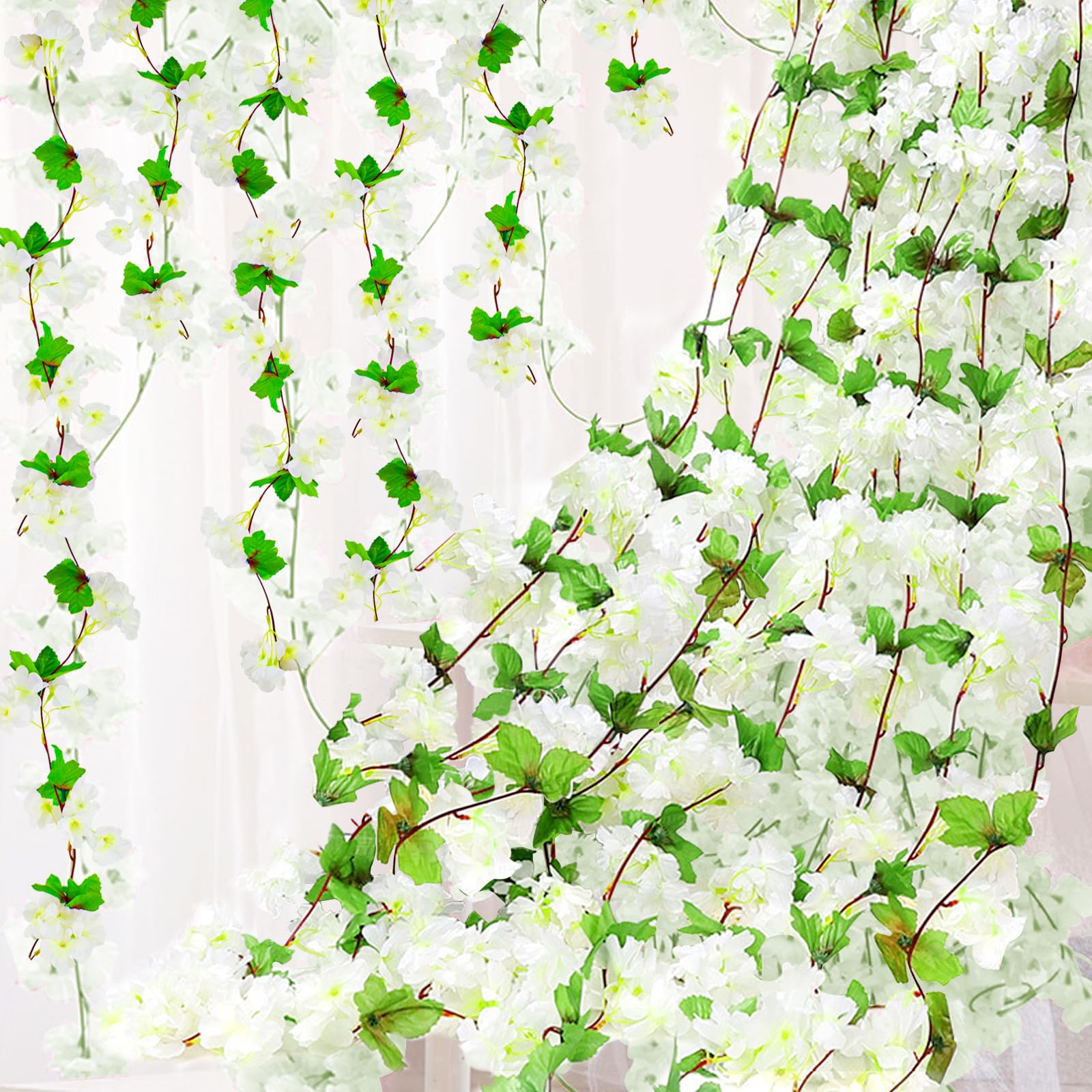 Bacucine White 6Pcs Artificial Cherry Blossom Flower Vines Fake Cherry Blossom Flower Hanging Flowers Vine Faux Sakura For Home Wedding Party Decor (White)