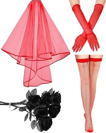 Panitay 4 Pack Halloween Costume Accessories for Women Includes Red Veil and Gloves, Long Red Stockings, Black Rose Holding Flowers for Women Bride Halloween Outfit Cosplay Party