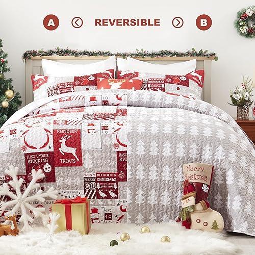 Miniatura 3 de Juego de edredones de Navidad, tamaño Queen, colcha acolchada suave y reversible de Navidad, juego de ropa de cama ligera para cama