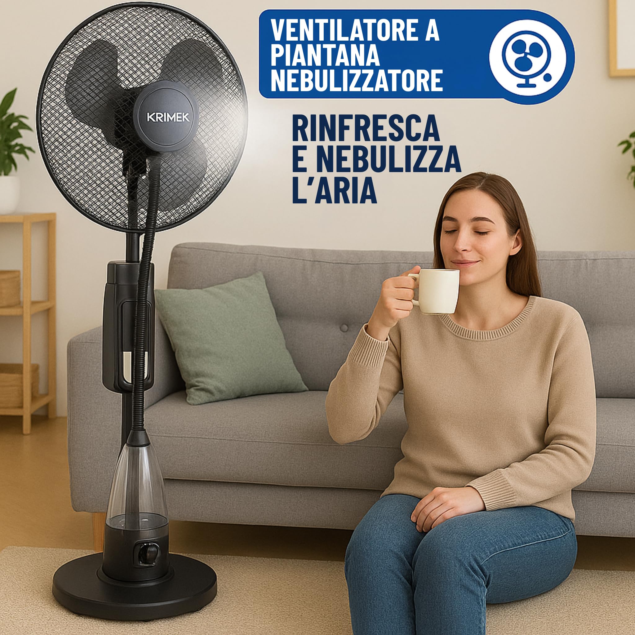 Ventilatore con Acqua Nebulizzatore Silenzioso 70 Watt con Telecomando 2 Litri Serbatoio 3 Velocità Oscillante Potente Economico
