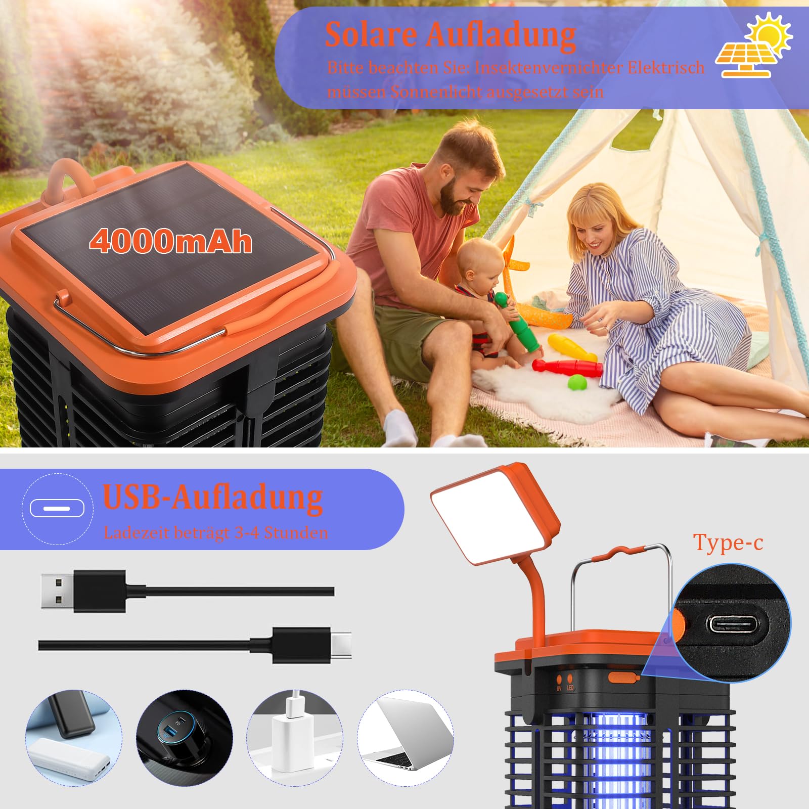 Insetticida elettrico solare con luce a LED, 4000 mAh, protezione solare dalle zanzare, elettrica anti zanzare, trappola per insetti per interni ed esterni, campeggio, terrazza