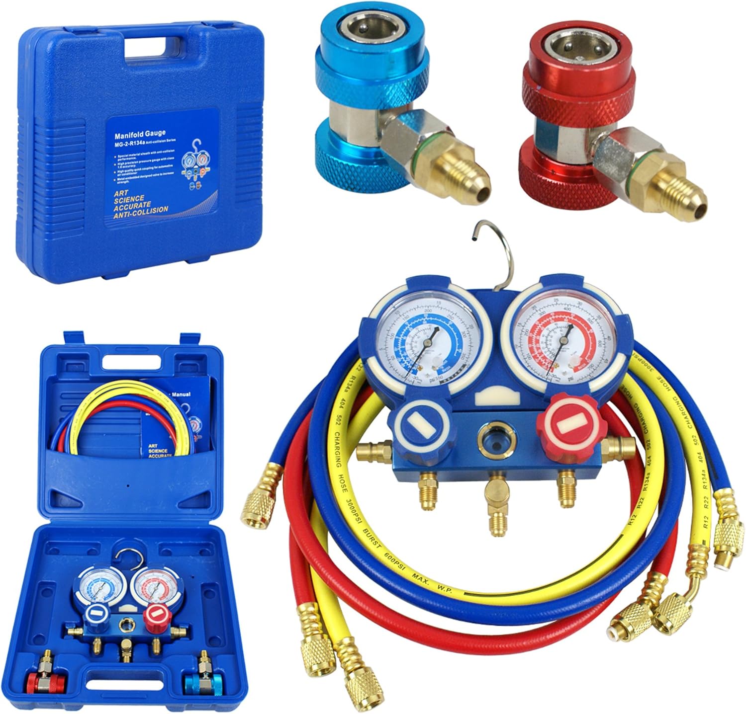 F2C HVAC A/C Refrigeration Kit AC Manifold Gauge Set Brass R134A Auto Service Kit w/ 5ft Colored Hoses, 1/4" SAE Fitting (Manifold Gauge)