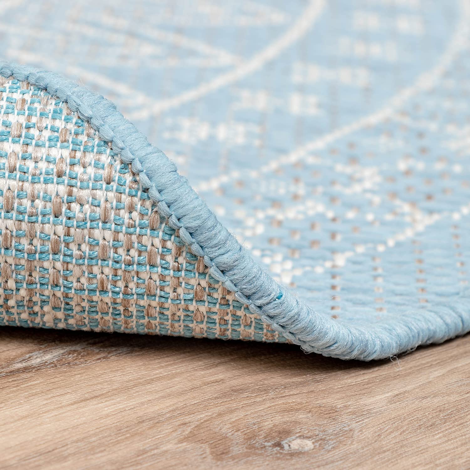 FRAAI | Home & Living In- & Outdoor Teppich Rund - Summer Azteca Hellblau - Wetterfest - Polypropylen - Ø 180 cm - Balkon, Garten/Terrasse - Terrasse Teppich - Outdoor Rug
