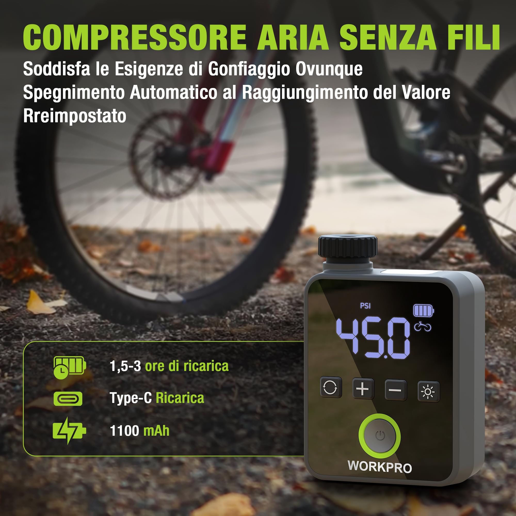 WORKPRO Mini Compressore Portatile 140 PSI, Pompa Elettrica Ricaricabile per Biciclette, Moto e Palloni, con Display LED e Luce Integrata