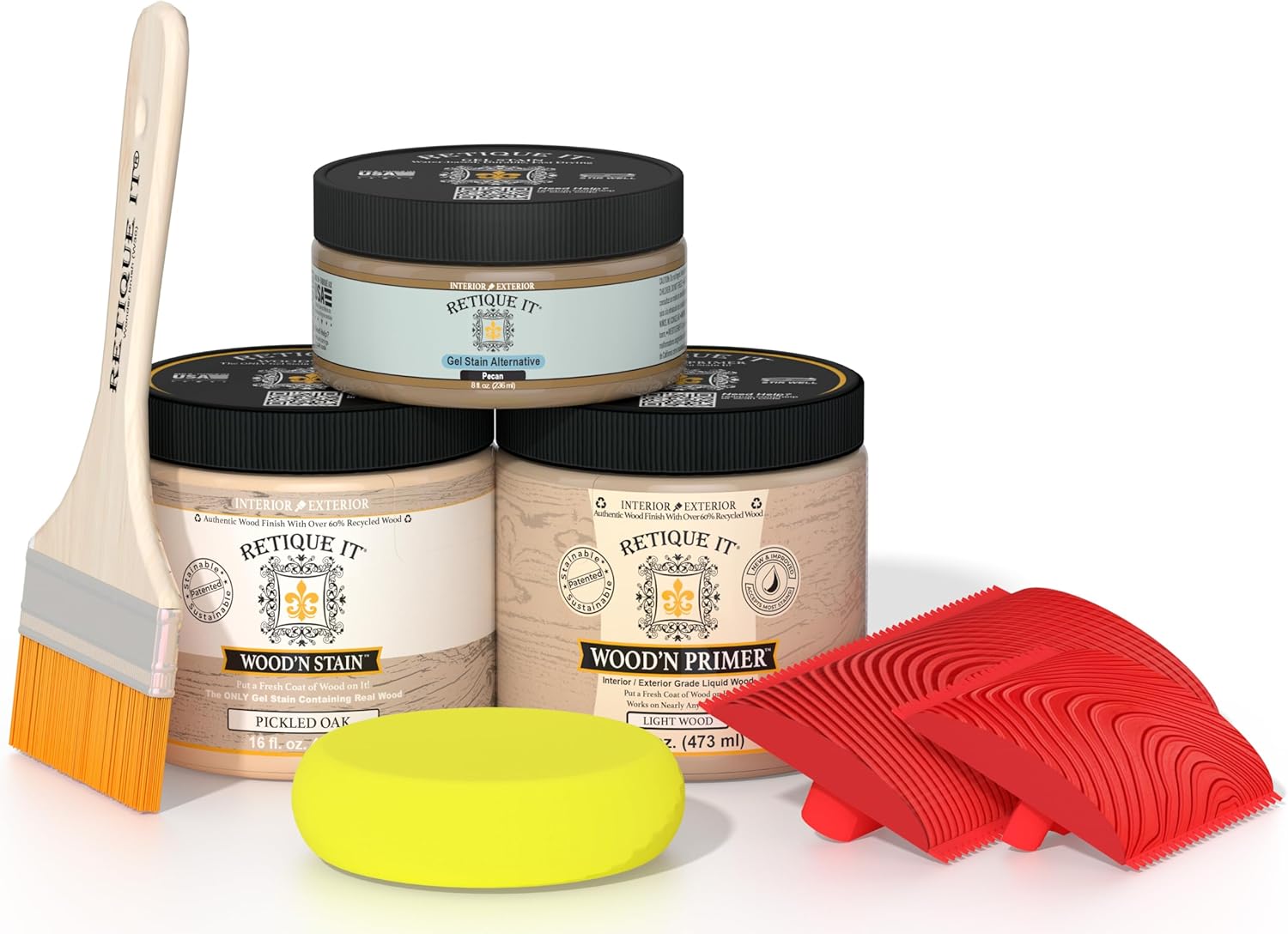 Retique It Wood Finish Front Door Kit  GO Beyond Faux Wood with Paintable Liquid Wood Based Primer and Gel Stain - Graining Tools Included (2X 16oz, Pickled Oak)