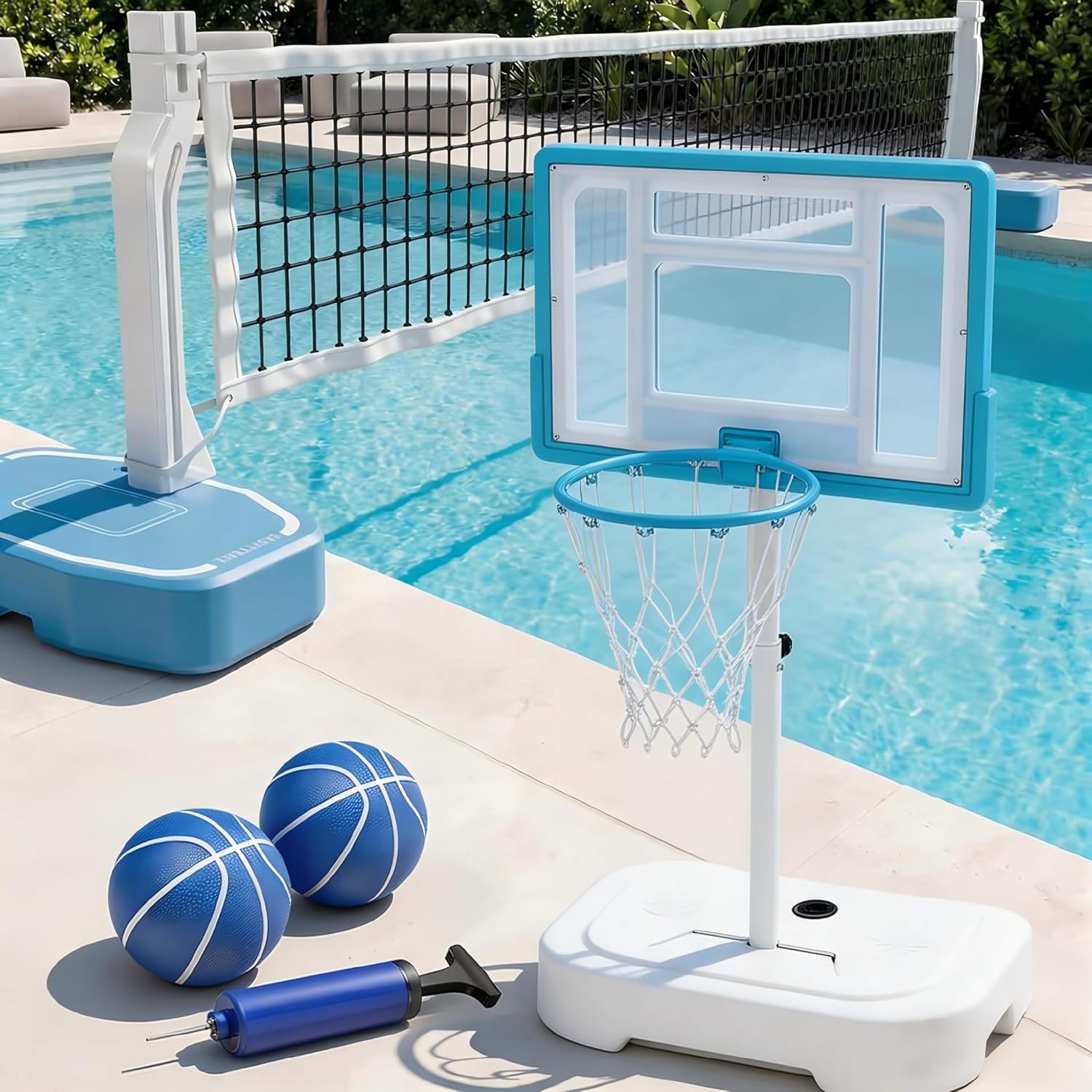 Pool Basketball Hoop Outdoor, Stainless Steel Poolside Basketball Goal with 32'' Shatterproof Backboard & 2.95-3.94 ft Adjustable Height, Outdoor Water Basketball Game Set with 2 Balls & Pump Included