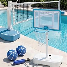 Pool Basketball Hoop Outdoor, Stainless Steel Poolside Basketball Goal with 32'' Shatterproof Backboard & 2.95-3.94 ft Adjustable Height, Outdoor Water Basketball Game Set with 2 Balls & Pump Included