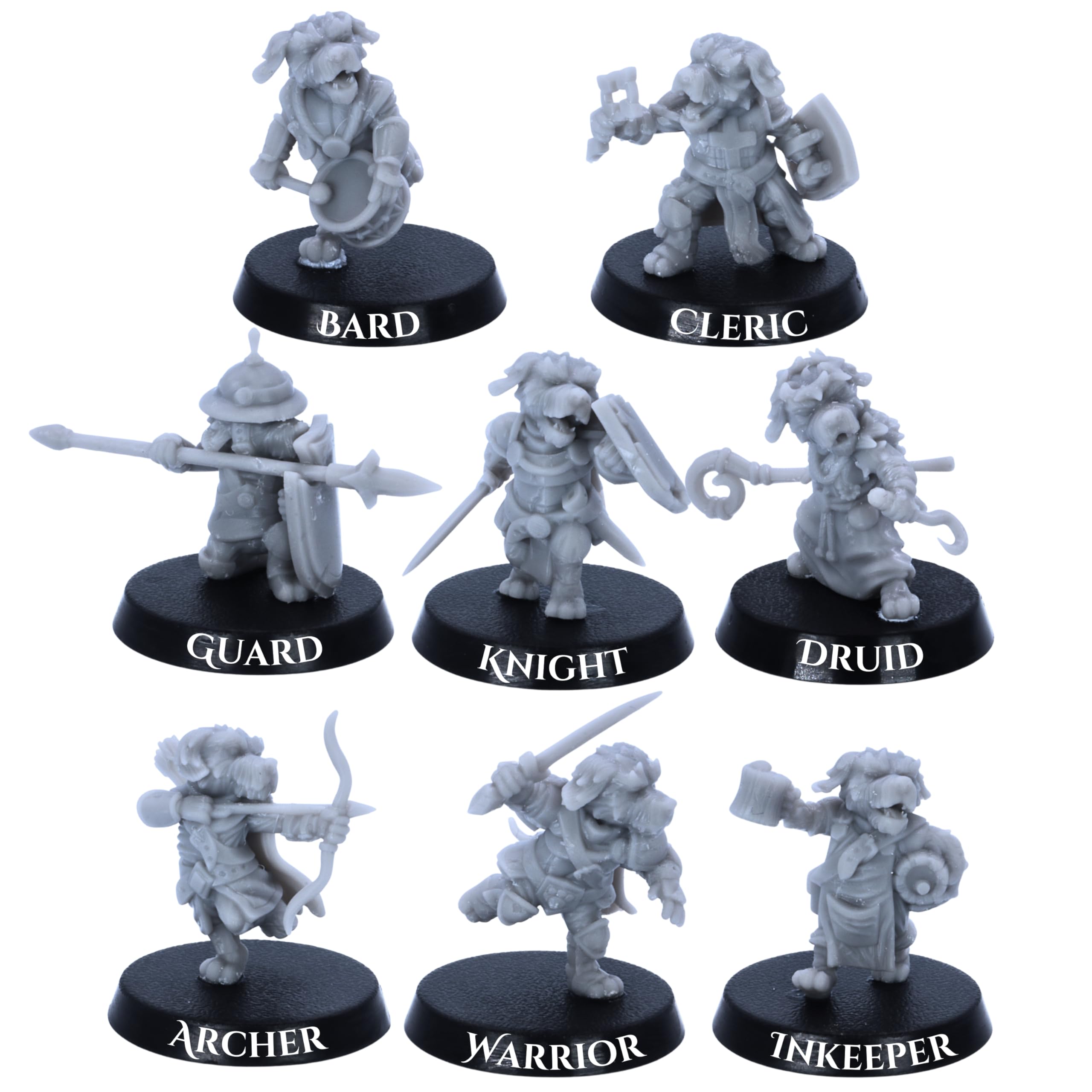 Dog Folk Miniatures Set - 8 Dog Miniatures for Tabletop RPGs, Grey, 28mm Scale