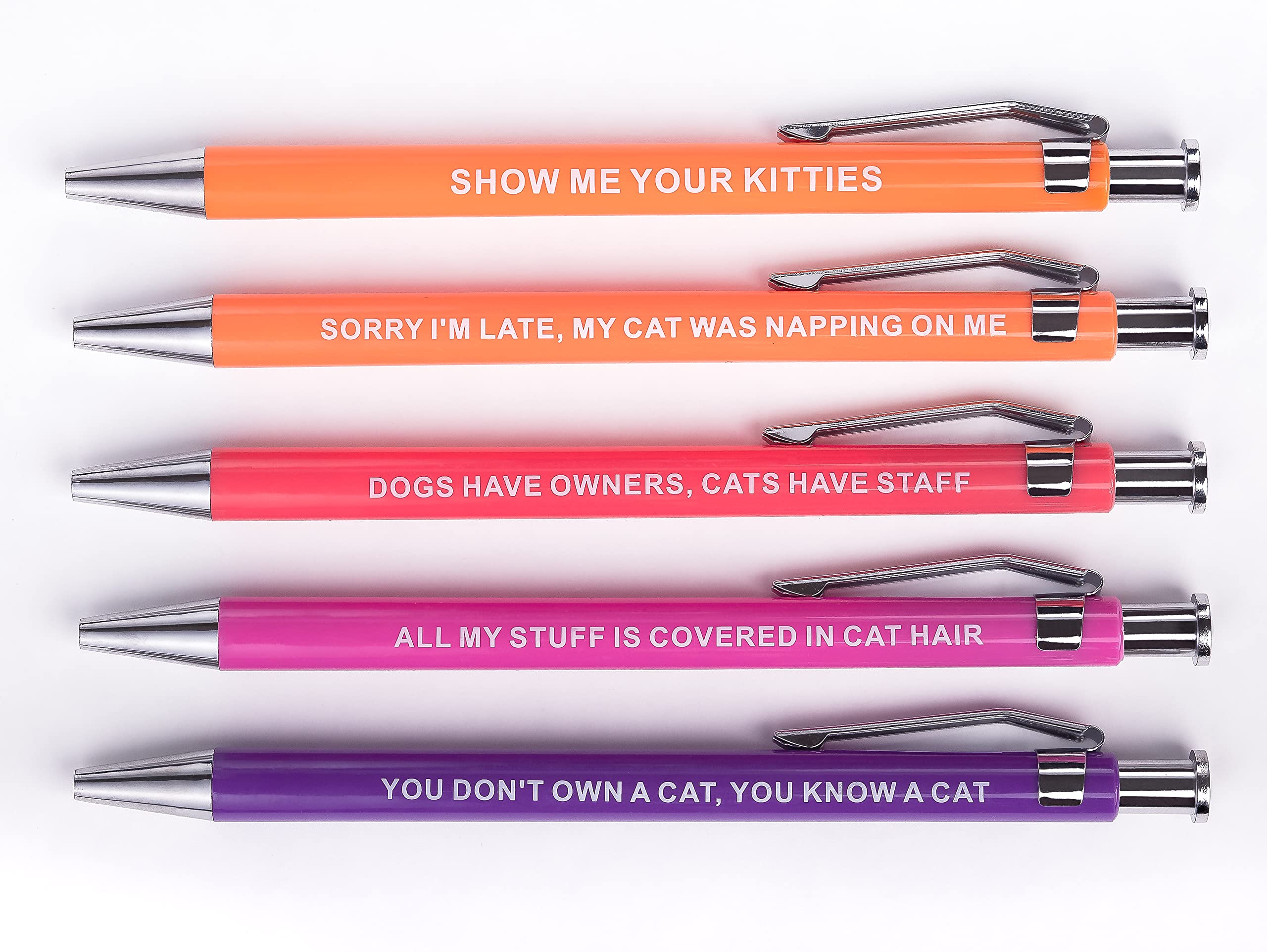 Funny Cat Pens 5-Pack Set, Black Ink Ballpoint Pens with Sarcastic Sayings for Writing, Gifts for Cat Lovers, Dad Gifts, Office Supplies, Desk Accessories