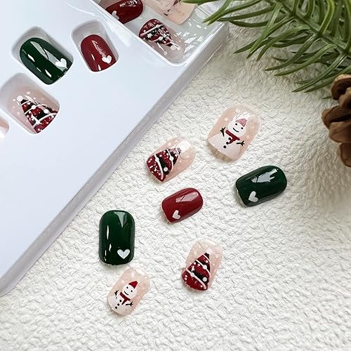 Miniatura 5 de 24 uñas postizas de Navidad cortas cuadradas a presión con muñeco de nieve artificial acrílico diseño de árbol de Navidad uñas postizas de cobertura