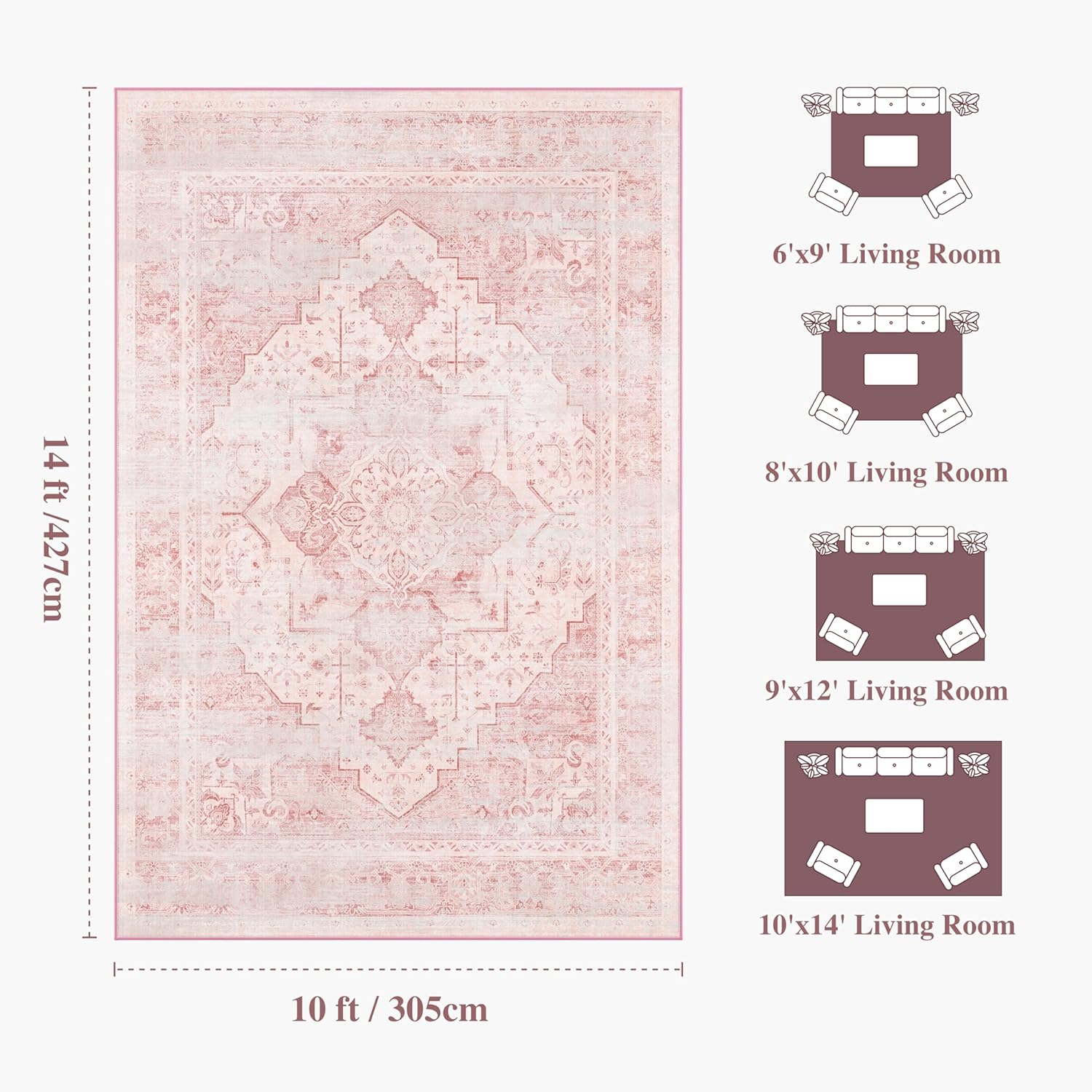 10x14 Washable Vintage Area Rug Pink - Distressed Non-Slip Rugs Soft Large Retro Carpets for Living Room Girls Bedroom Office Home Decor, Pink