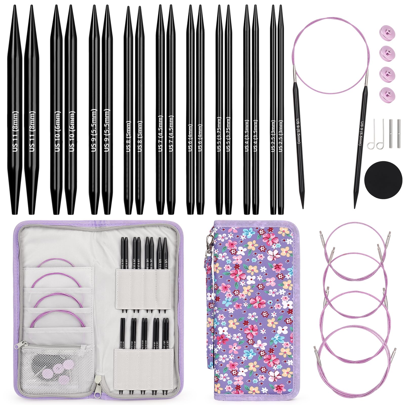 Aeelike Circular Knitting Needles Set, Interchangeable Circular Knitting Needles Set with Case & Accessories, 9 Pairs of Round Needles 3mm-8mm, Metal Circular Needles for Knitting Socks — image 1