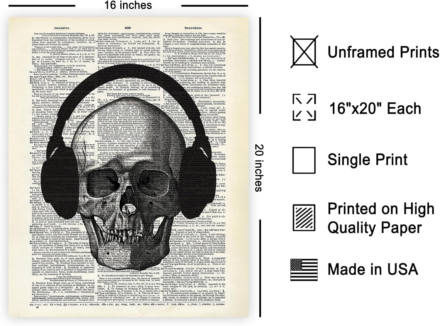 Poster Master Skull with Headphone Print - Dictionary Poster - Music Art - Gift for Men, Women, Musician - Gothic Wall Decor for Bedroom, Living Room, Office - 16x20 UNFRAMED Wall Art