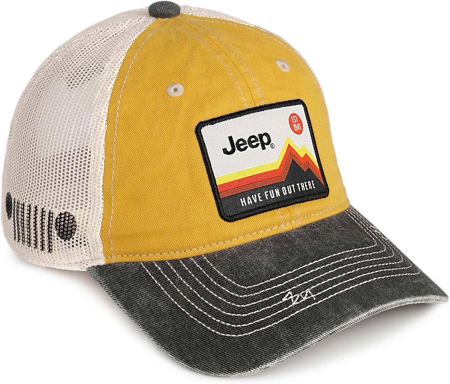 Jeep Have Fun Out There Patch Garment Washed Trucker Hat Unstructured for Men & Women - Adjustable Snapback Baseball Cap
