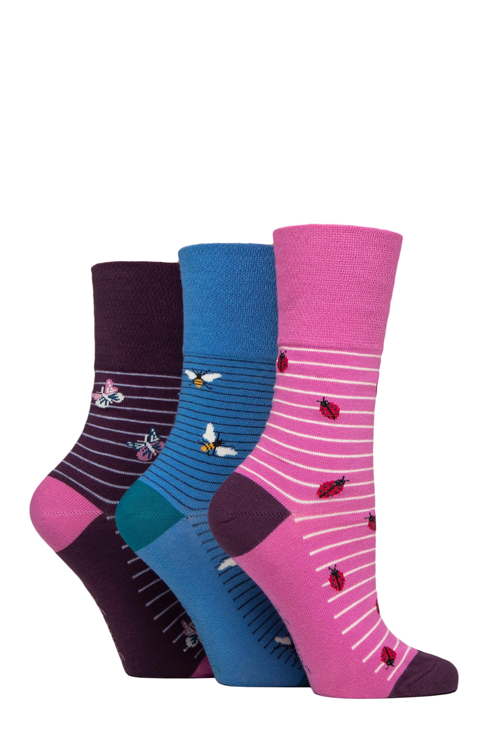 SockShop Gentle Grip Ladies Fun Feet Non-Binding Honeycomb Gentle Top Novelty Patterned Socks in a Multipack of 3 Assorted Colours Size 4-8 Beautiful Bugs