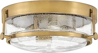 Hinkley Harper 3640HB-CS Small Flush Mount Ceiling Light, Retro Design, Prominent Metal Ring, Decorative Knobs, Heritage Brass and Clear Seedy Glass