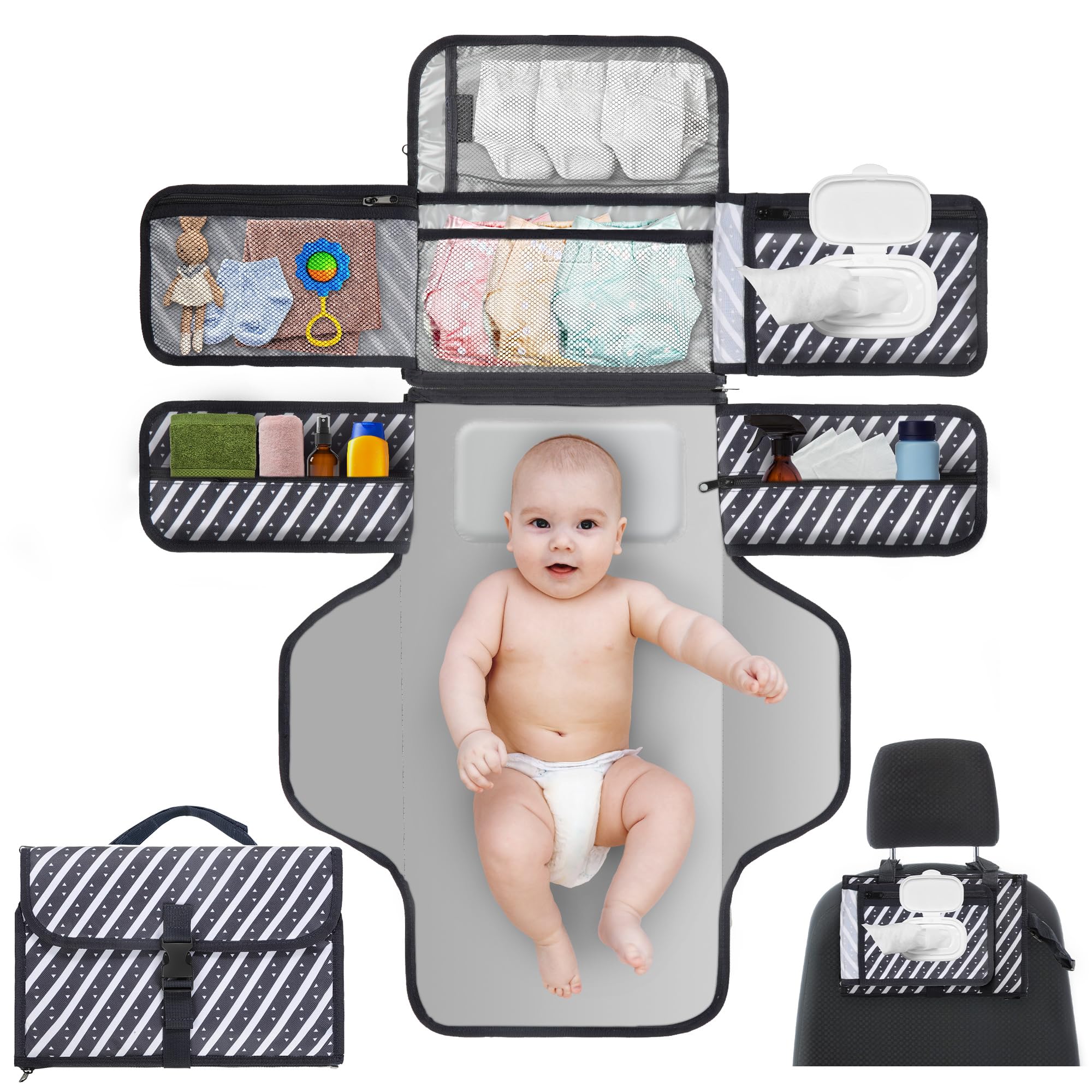Portable Changing Pad, Waterproof Baby Changing Pad with 4 Storage Pockets, Detachable & Portable Diaper Changing Pad Newborn Baby Essentials, Travel Changing Pad for Baby Shower Gifts