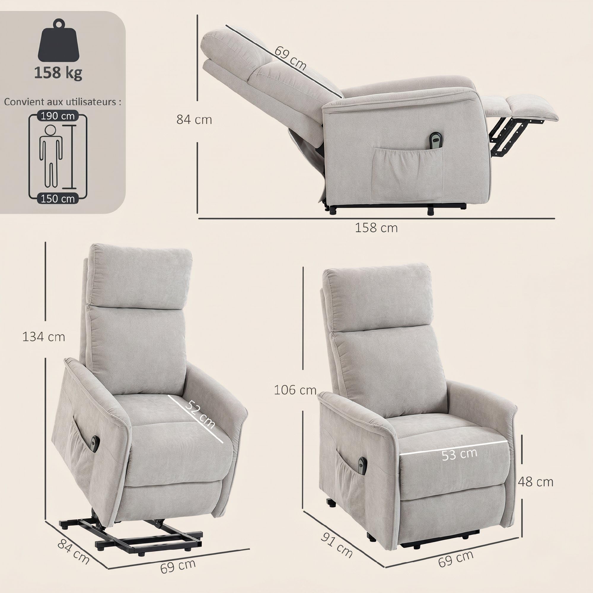HOMCOM - Sillón elevador eléctrico, sillón relax eléctrico, respaldo reclinable, cojín con resortes, mando a distancia y bolsillos laterales, para ancianos, montaje fácil, gris claro