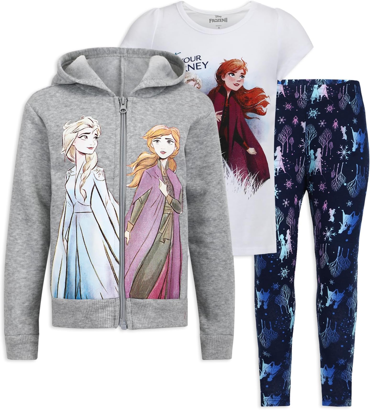 Disney Frozen Girls T-Shirt, Zip Up Hoodie and Legging Pants Set for Toddler and Little Kids