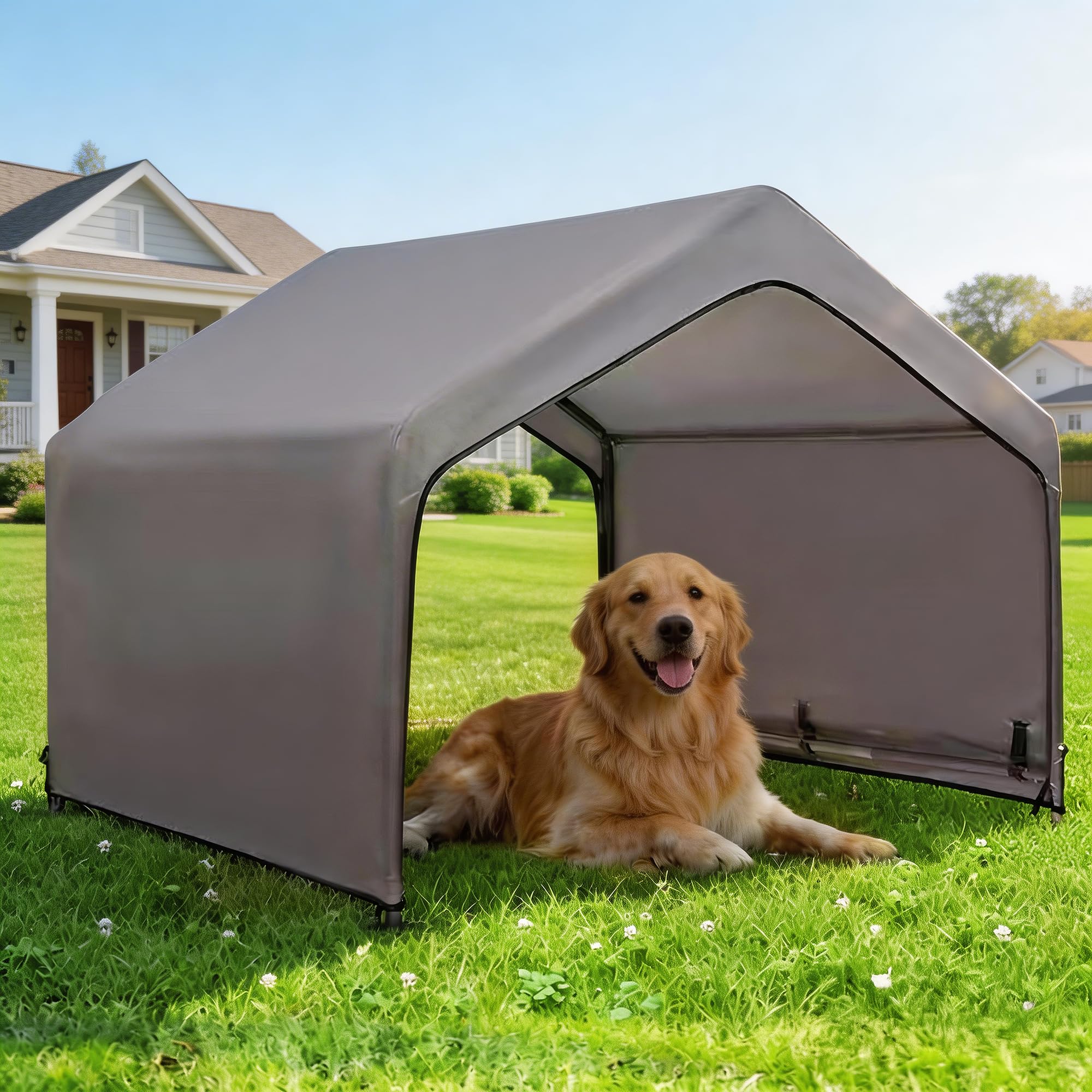Photo 1 of Pawmmo Dog Shade Shelter Outdoor Tent for Large Medium Dogs, Outside Doghouse Sun Rain Canopy Dog House with Waterproof Roof Ground Nails for Cats Pigs Livestock 4'x4'x3.3'