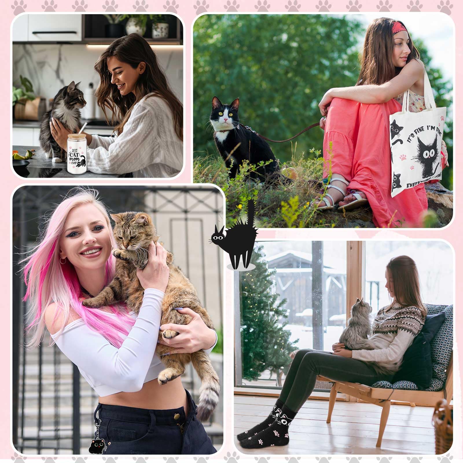 Paterr 4 regalos para amantes de los gatos para mujeres, regalo temático de gatos para cumpleaños con bolsa de lona de vidrio de 16 onzas con calcetines de pajita, bonito llavero