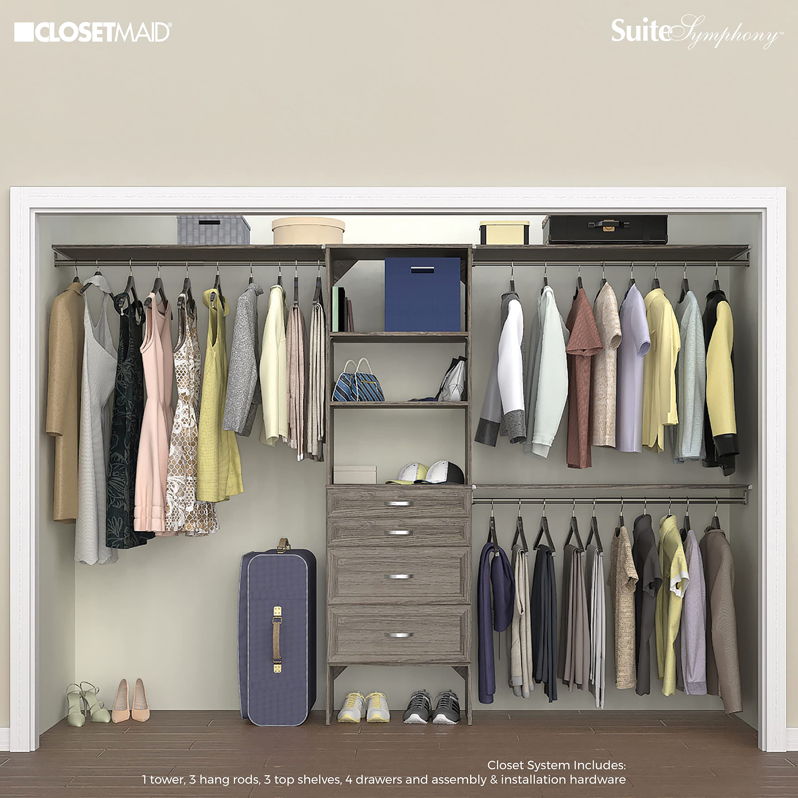 ClosetMaid SuiteSymphony Wood Closet Organizer Kit with Tower, 3 Hang Rods, Top Shelves, 4 Drawers, Adjustable, Fits Spaces 6 - 10 ft. Wide, Graphite Grey