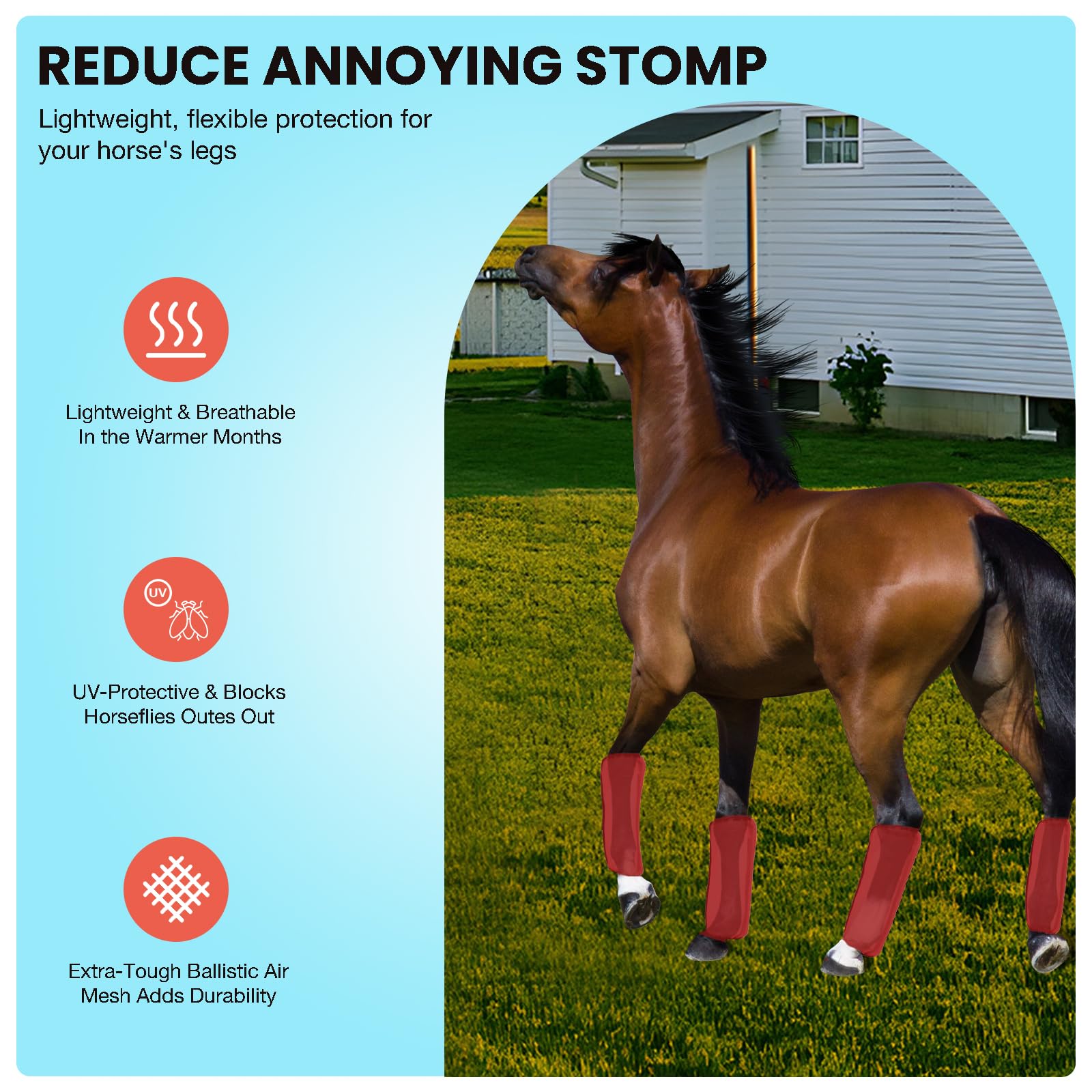 Mesh Fly Boots Horse Fly Boots Mesh Fly Wraps Leg Guard for Horse Set of 4 (Red)