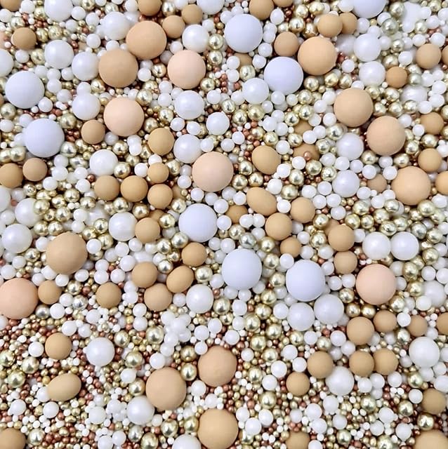 Oh So Glitter Gold Nude Beige White Rose Gold Sprinkles mix blend cupcake cake toppers pearls balls metallic chocolate balls