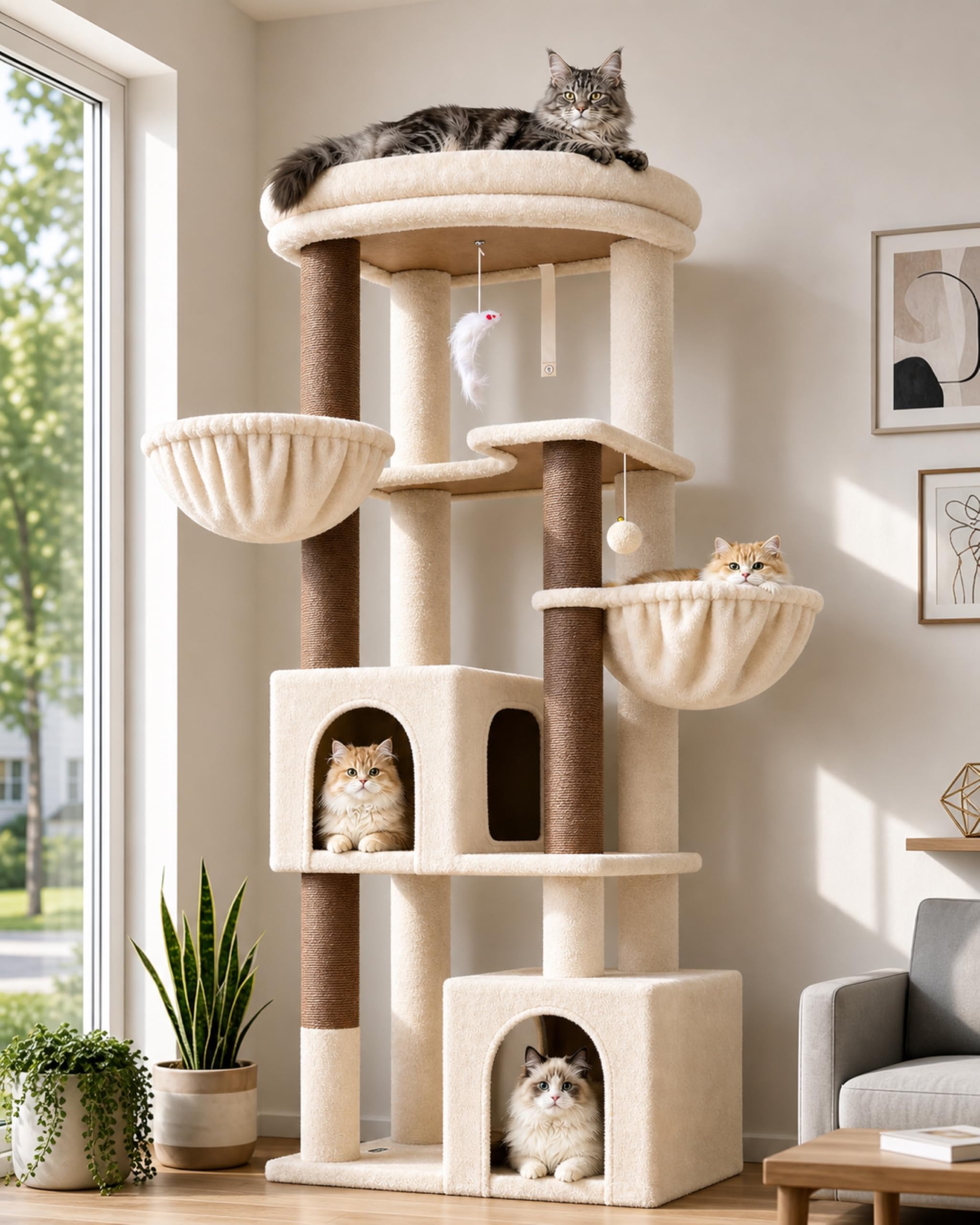 Globlazer Árbol Rascador Beige Esquinero Alto 163 cm con 2 Grande Nidos 45*30*30CM, Inmenso Plataforma Acolchada, 2 Suave Cesta, 4 Postes de Sisal, Estable Rascador para 2-4 Gatos Adulto (C64, Beige)