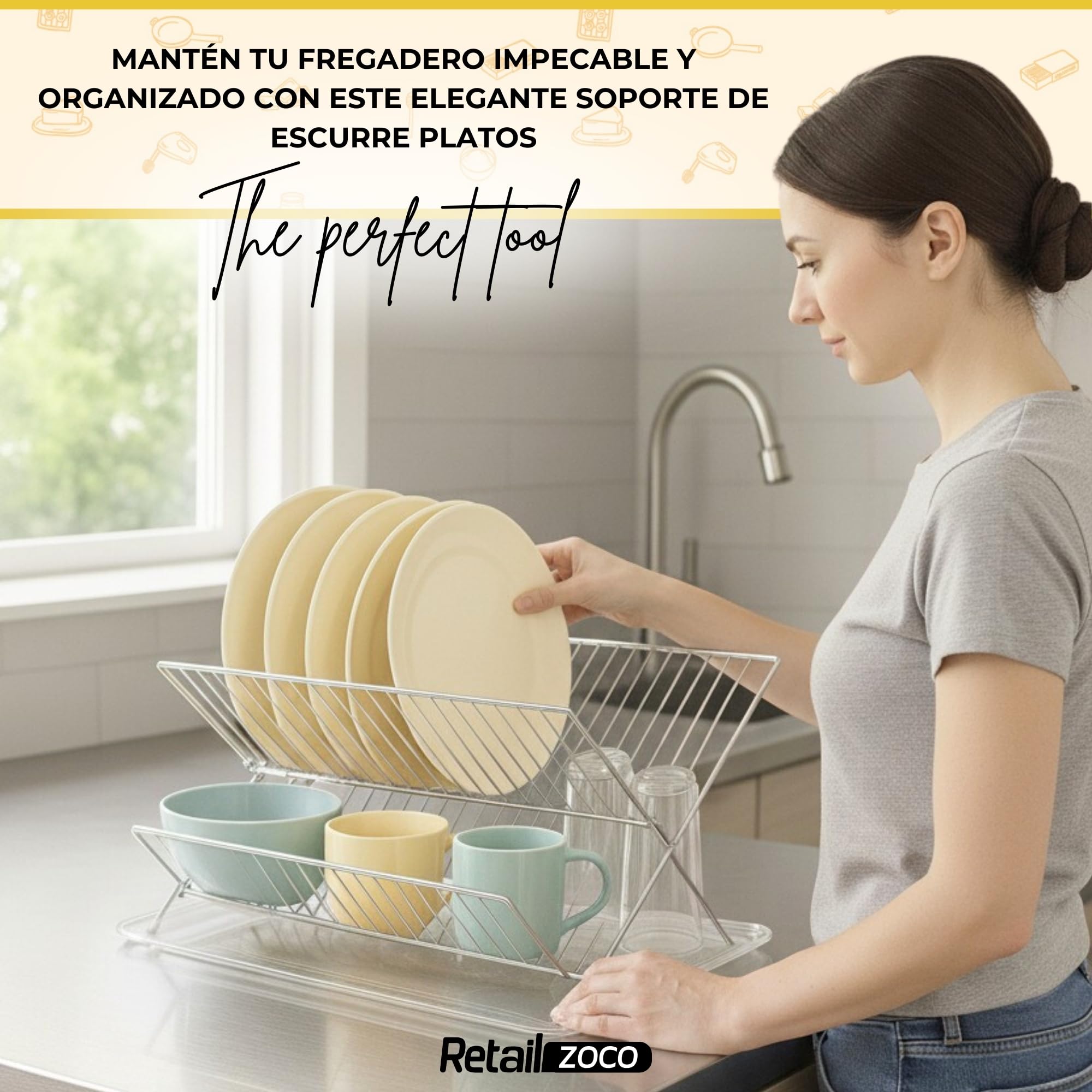 CHEFZOCO Escurreplato Plegable Acero Inoxidable y plástico, Escurridor de Platos, Escurridor Fregadero 2 módulos, Bandeja Anti-Goteo, Organizador de vajilla, 42 cm Largo x 37 cm Fondo x 25 cm Altura
