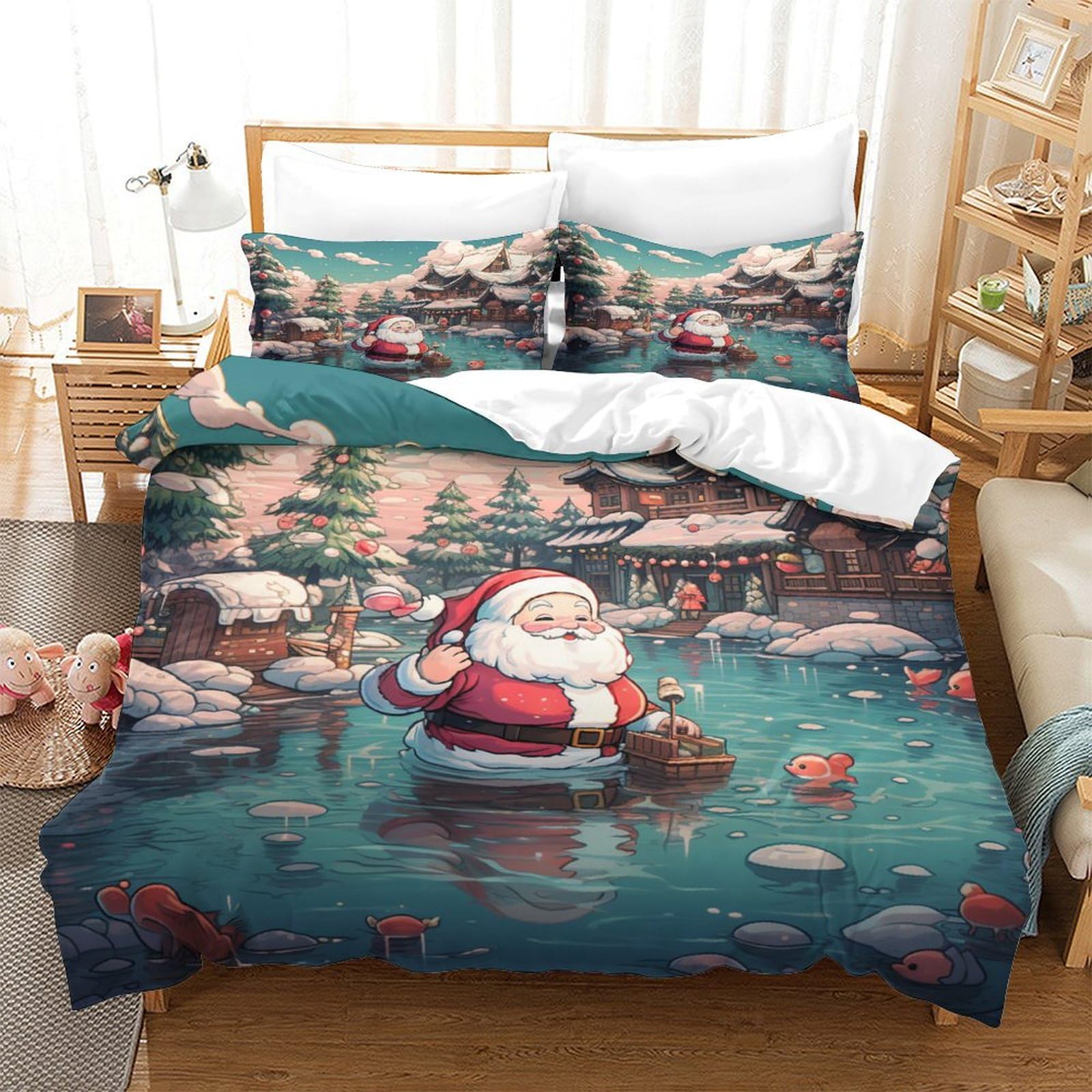 Housse de couette 3 pièces imprimé 3D Noël parure lit single microfibre