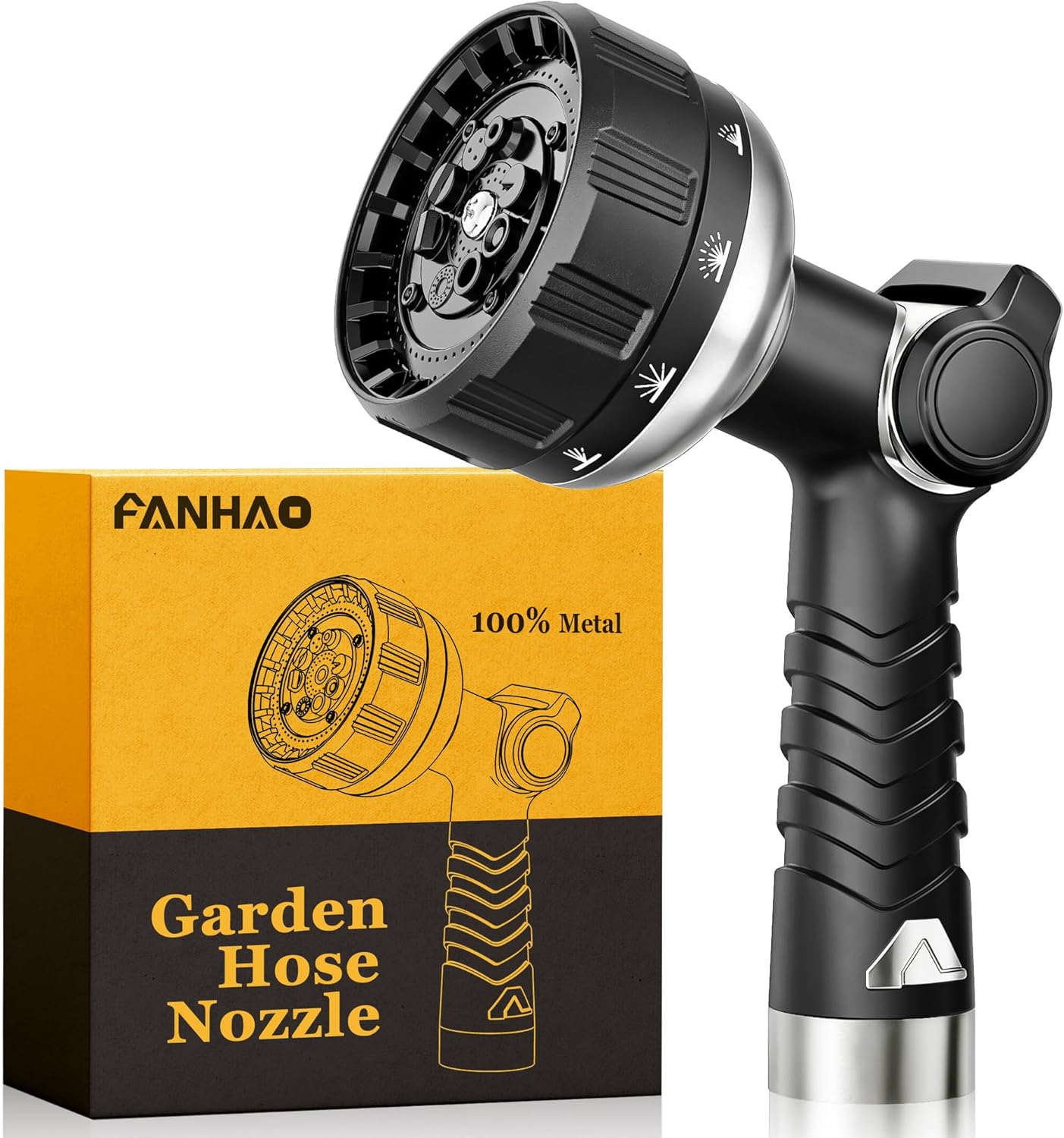 FANHAO Heavy Duty Garden Hose Nozzle, 100% Metal Water Hose Sprayer with 10 Spray Patterns, High Pressure Thumb Control On/Off Valve Water Nozzle for Plants Watering, Car & Pet Washing